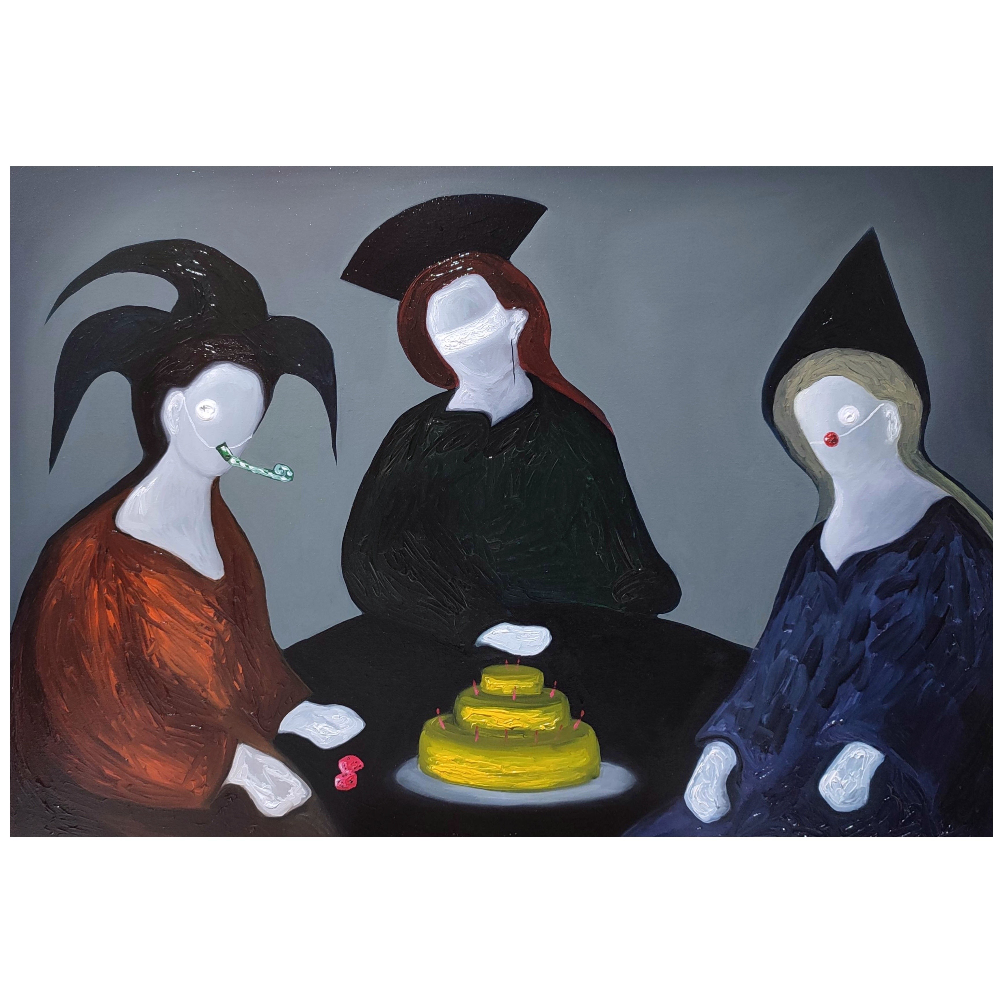 A painting of three women sitting at a table with a cake.