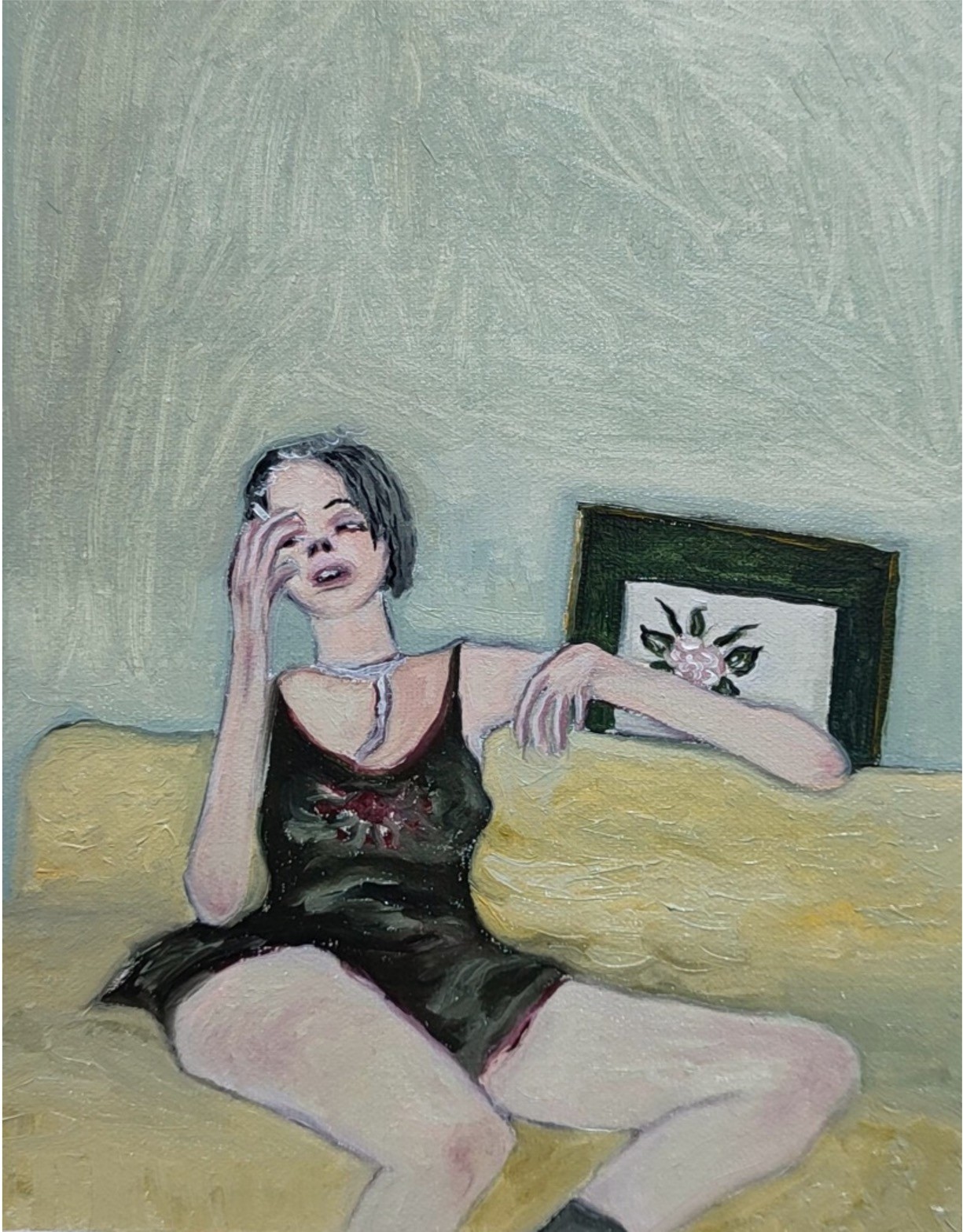 A painting of a woman sitting on a couch with her head in her hands.