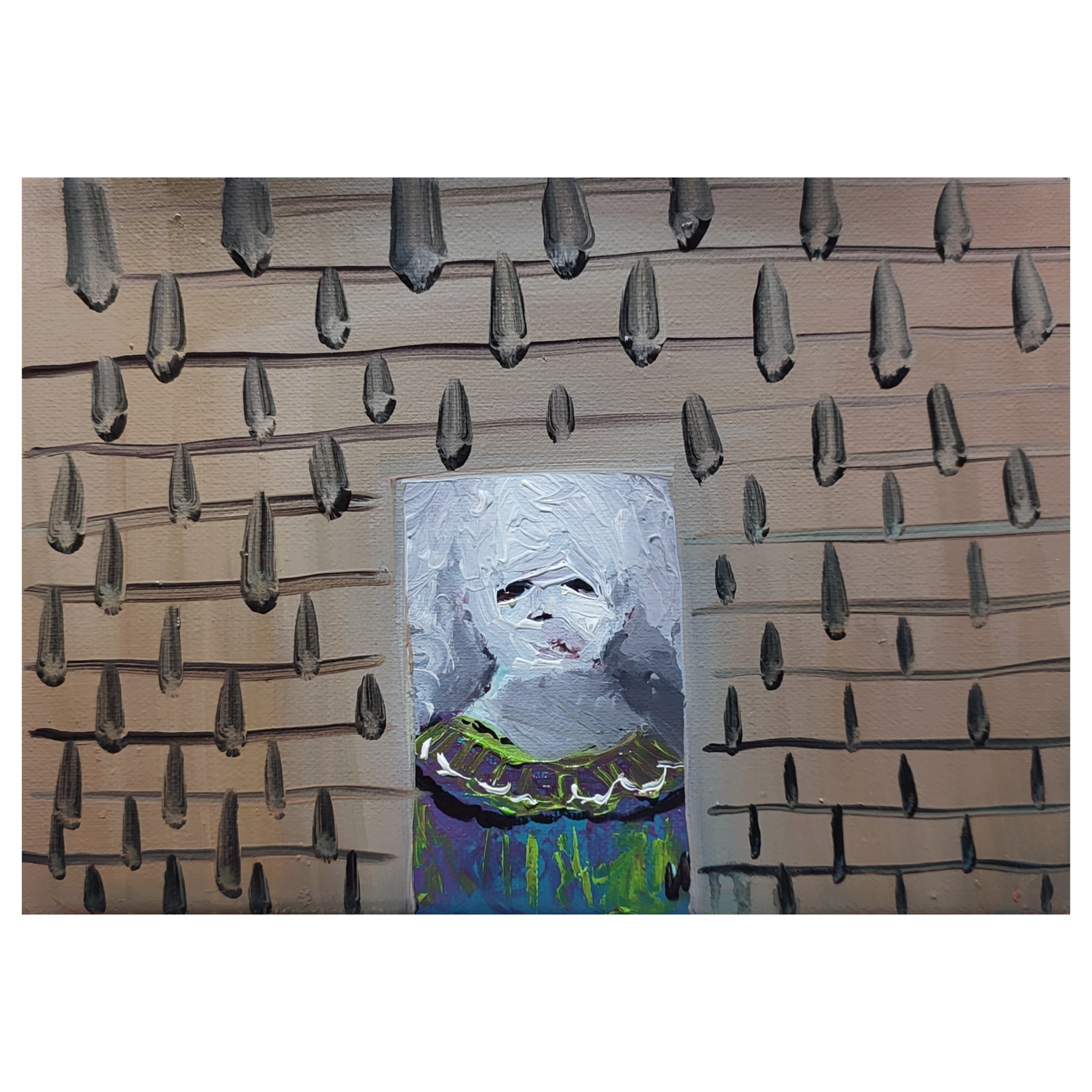 A painting of a woman standing in front of a brick wall.