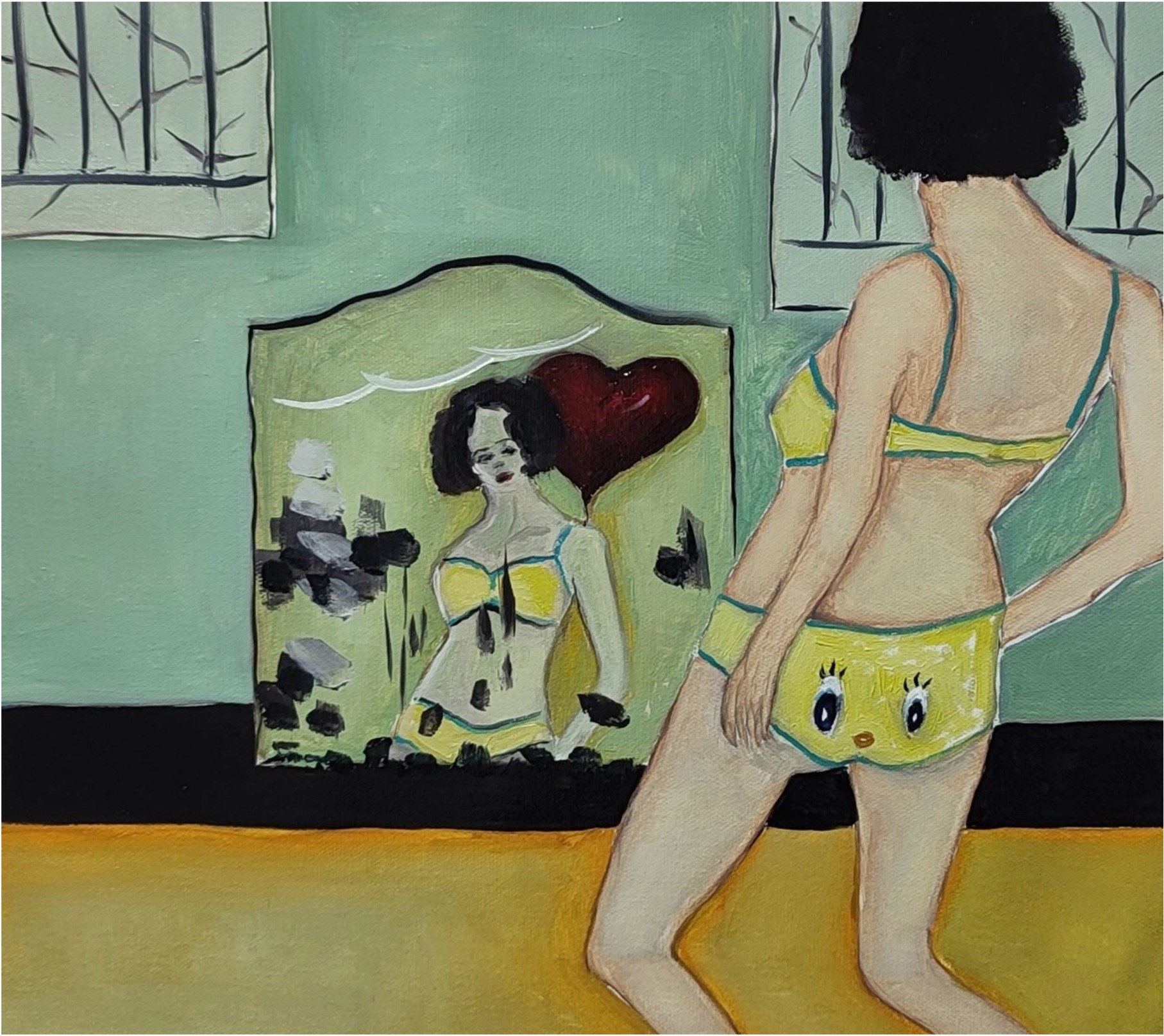 A painting of a woman standing in front of a mirror.