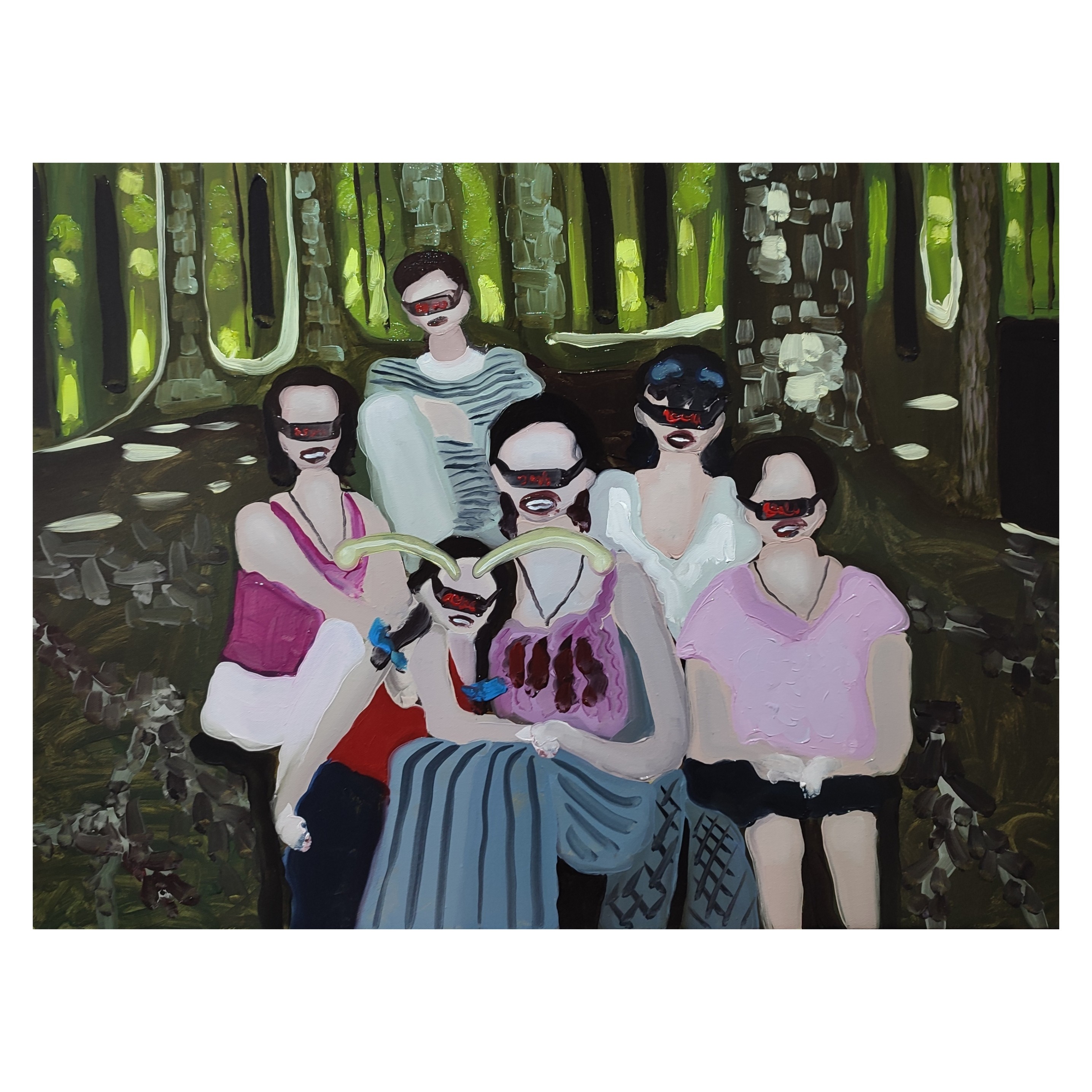 A painting of a group of people sitting on a bench in the woods.
