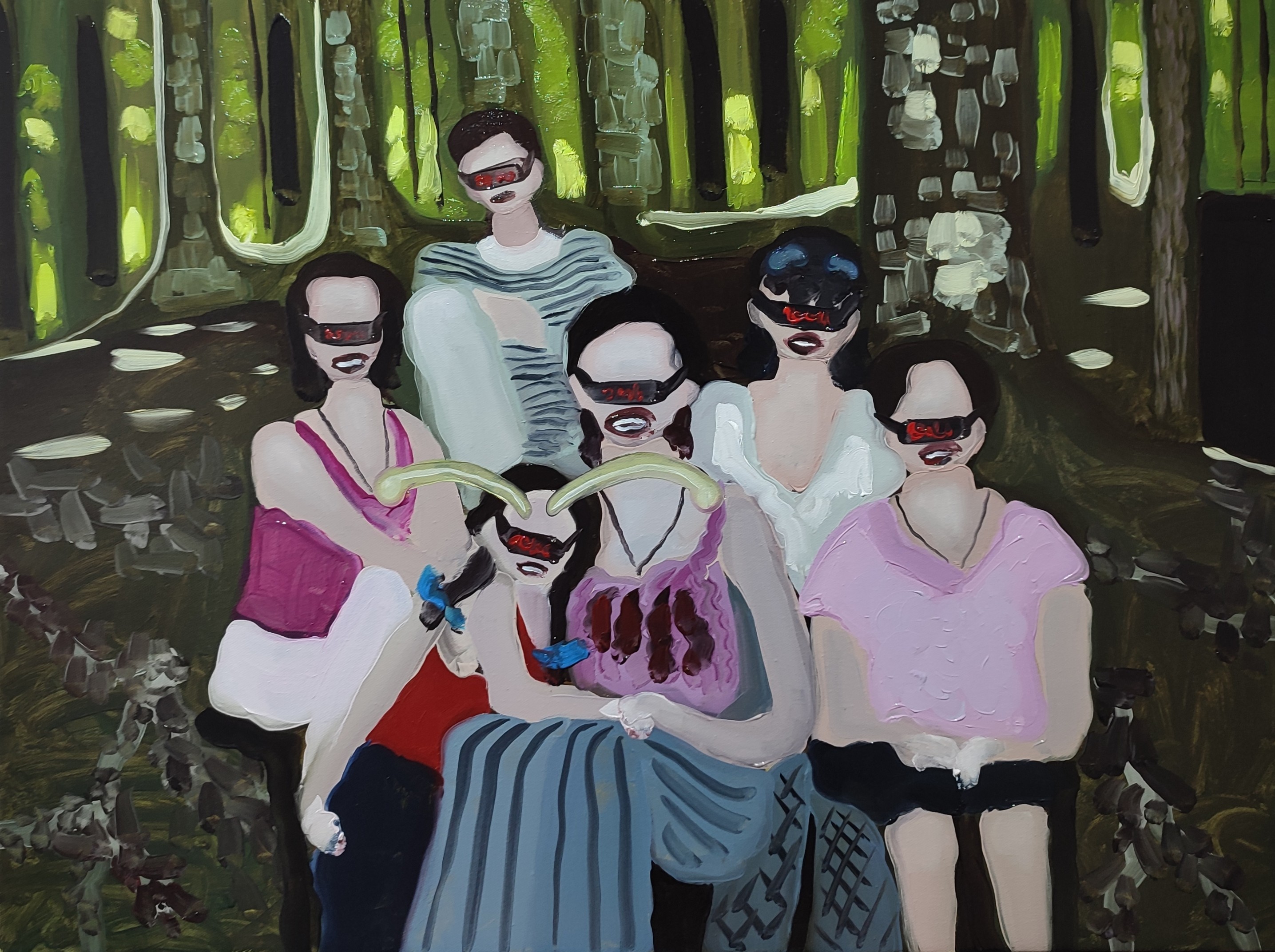 A painting of a group of people sitting on a bench in the woods.