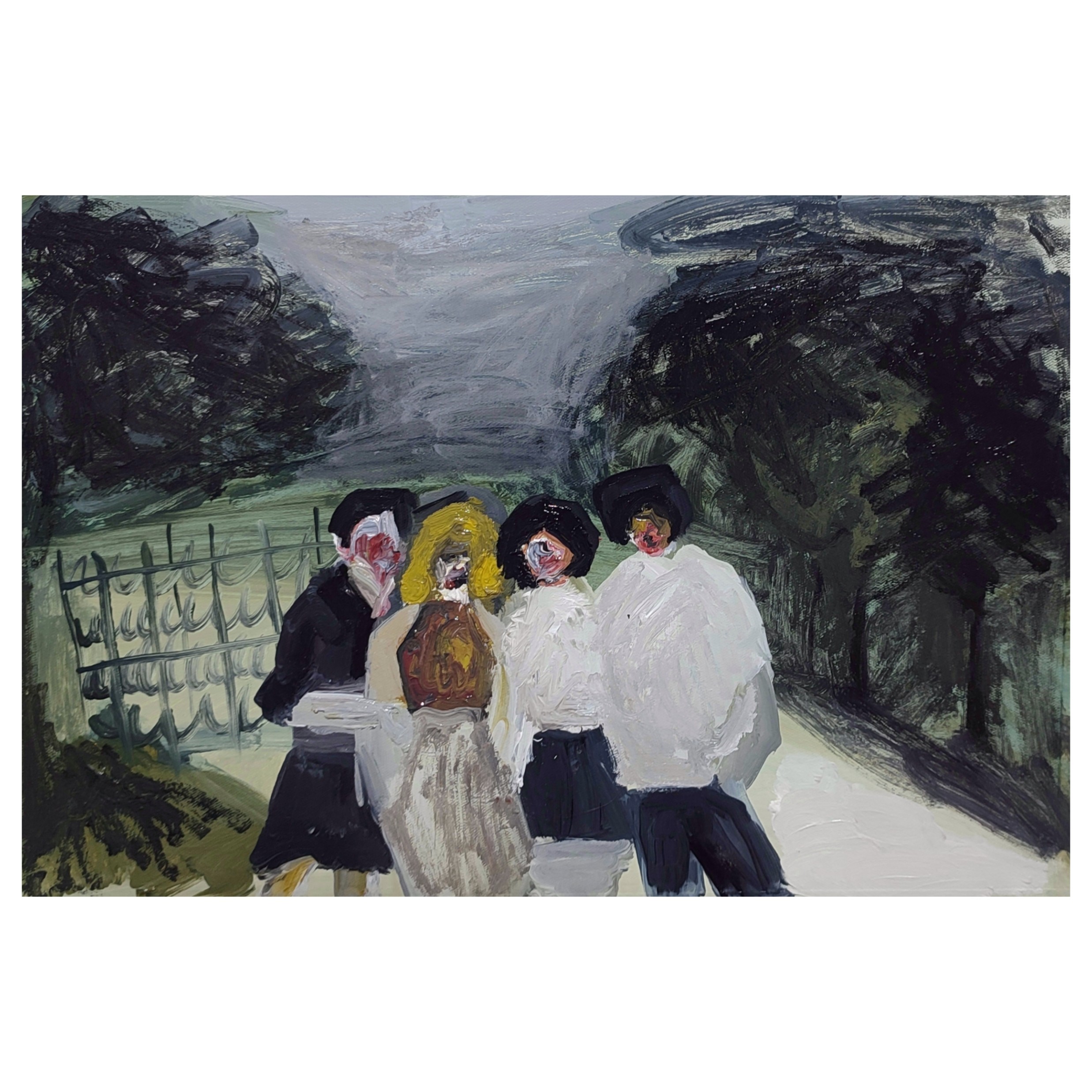 A painting of a group of people walking down a street.