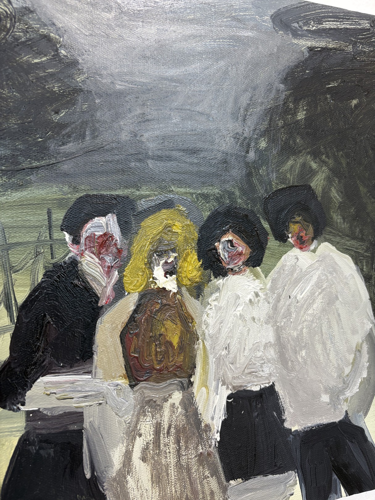 A painting of a group of people walking down a street.