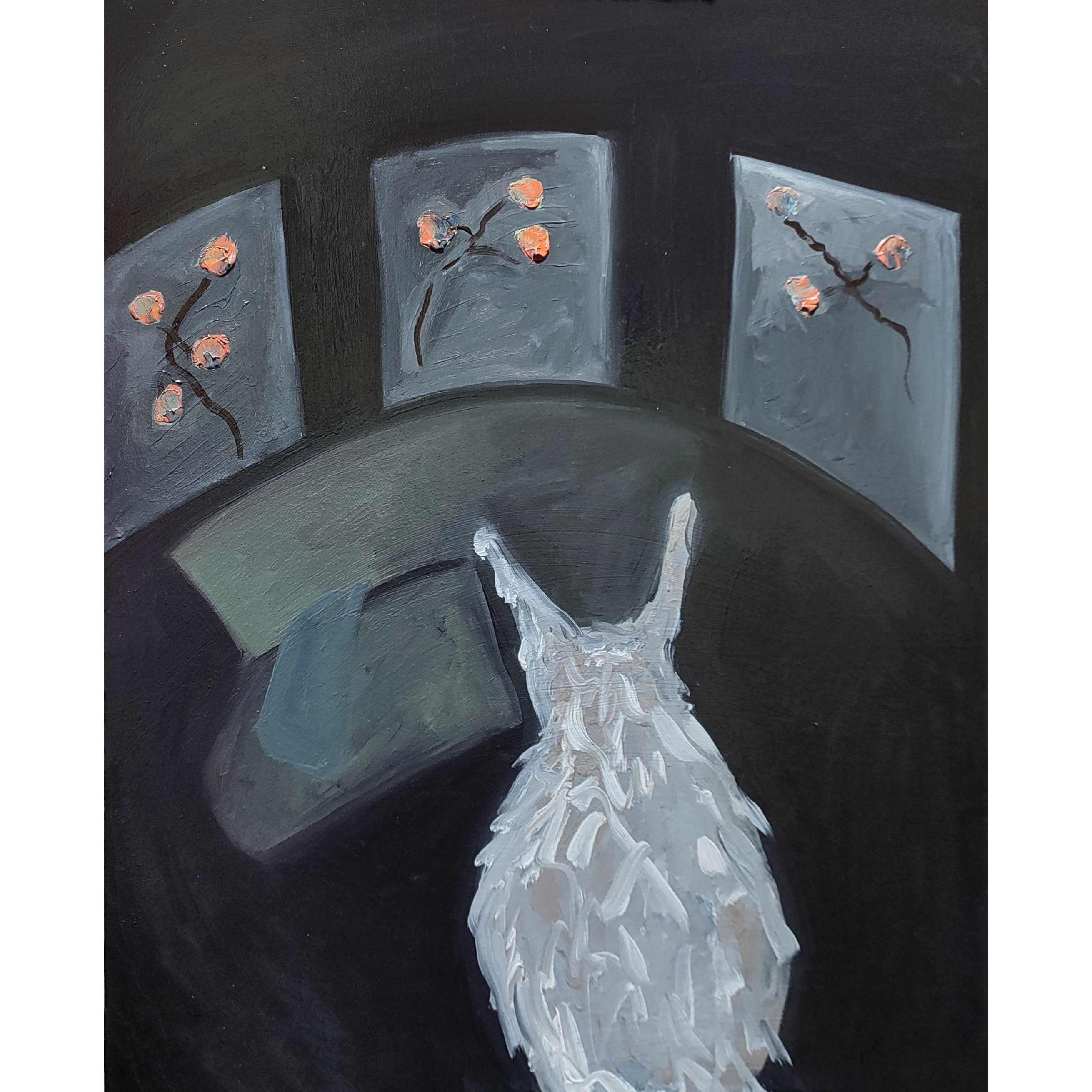 A painting of a white dress on a black background.