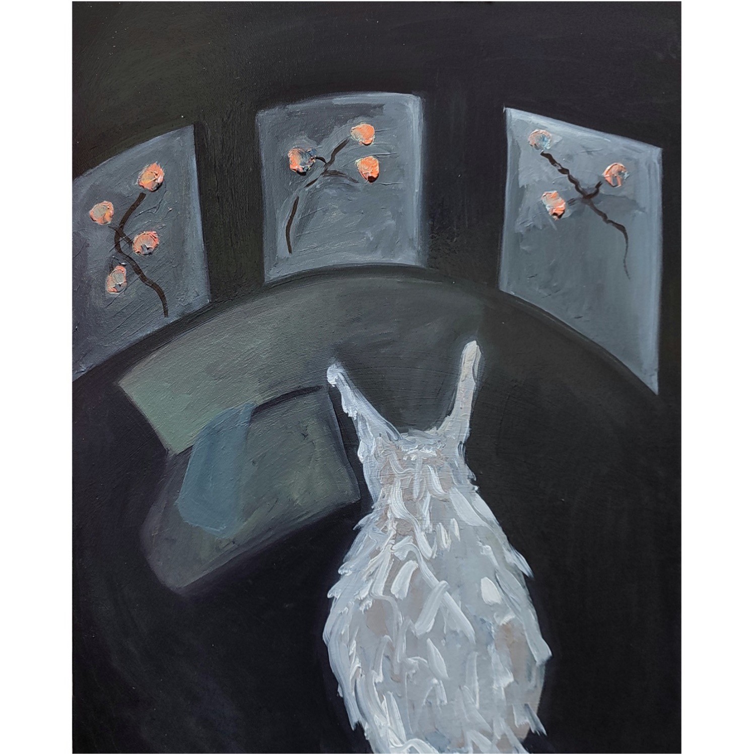 A painting of a white dress on a black background.