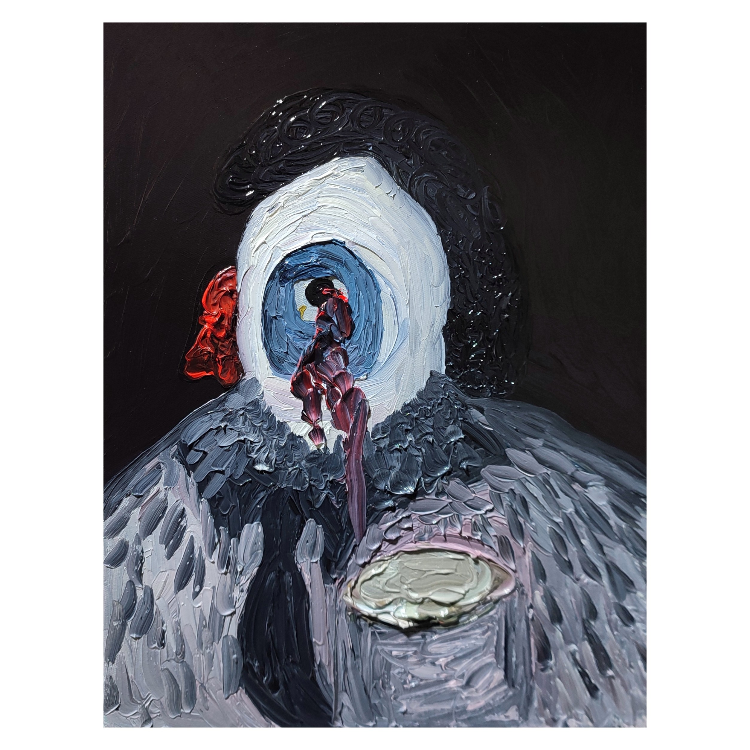 A painting of a man with a red rose in his mouth.