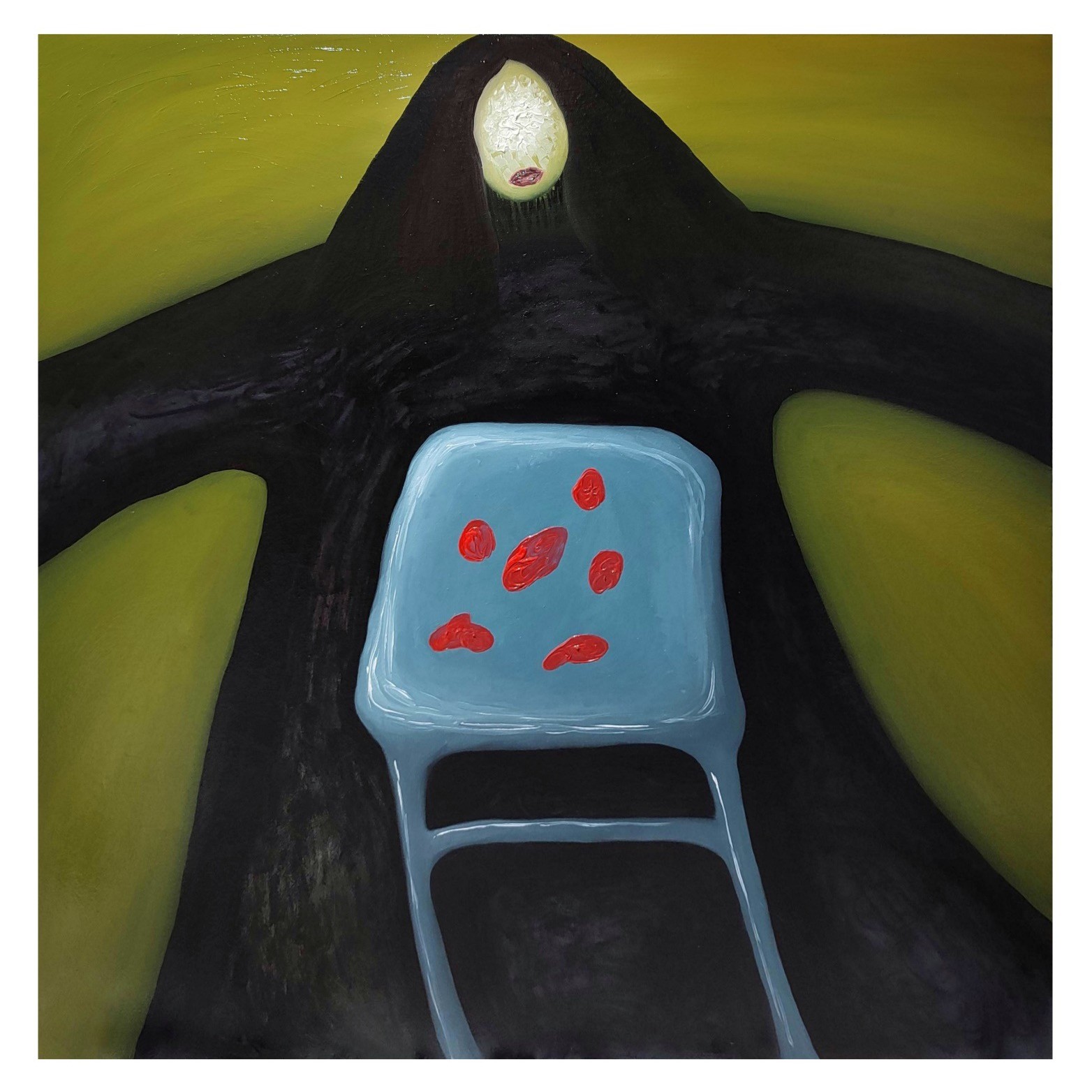 A painting of a blue chair with red hearts on it.