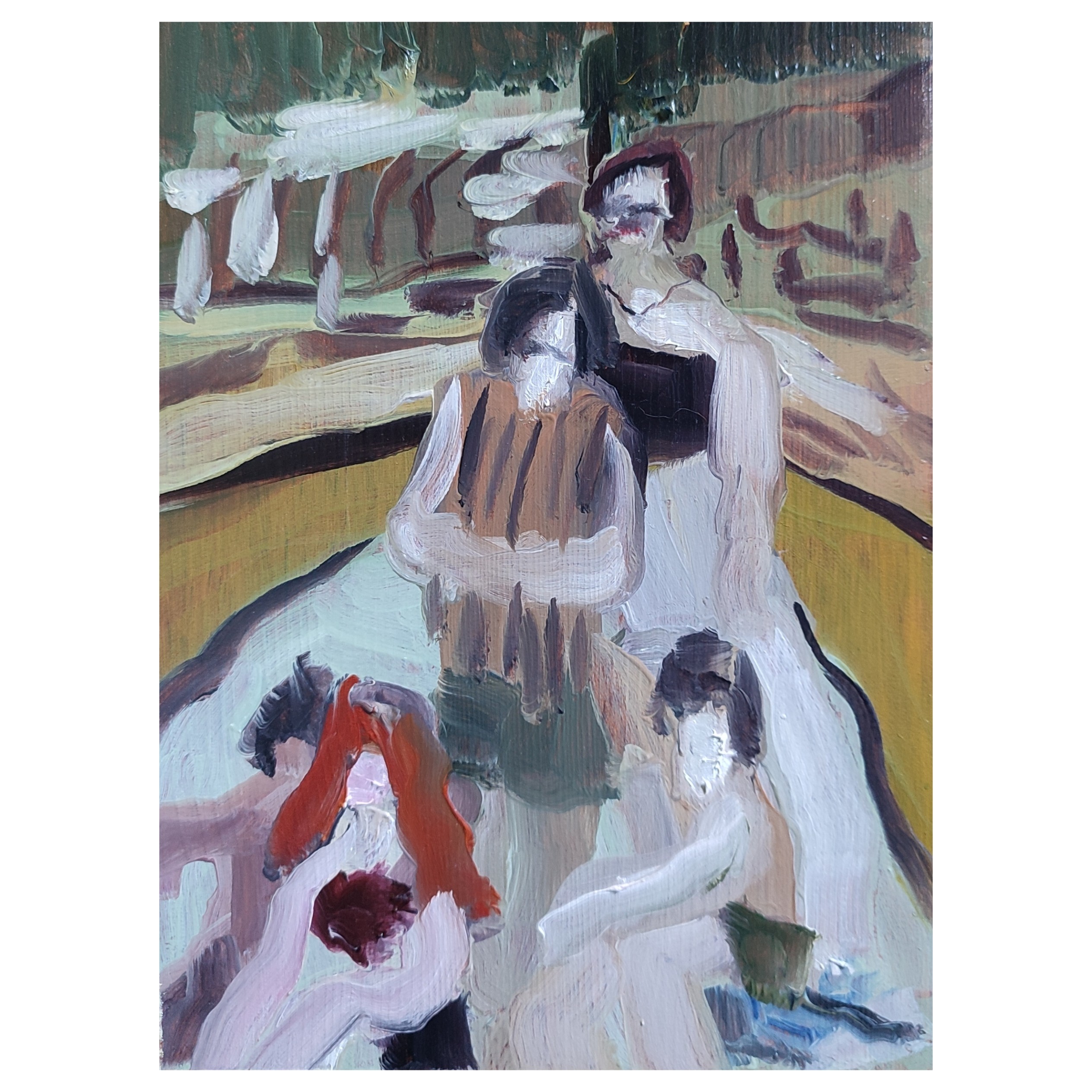 A painting of a group of people sitting on a bench.