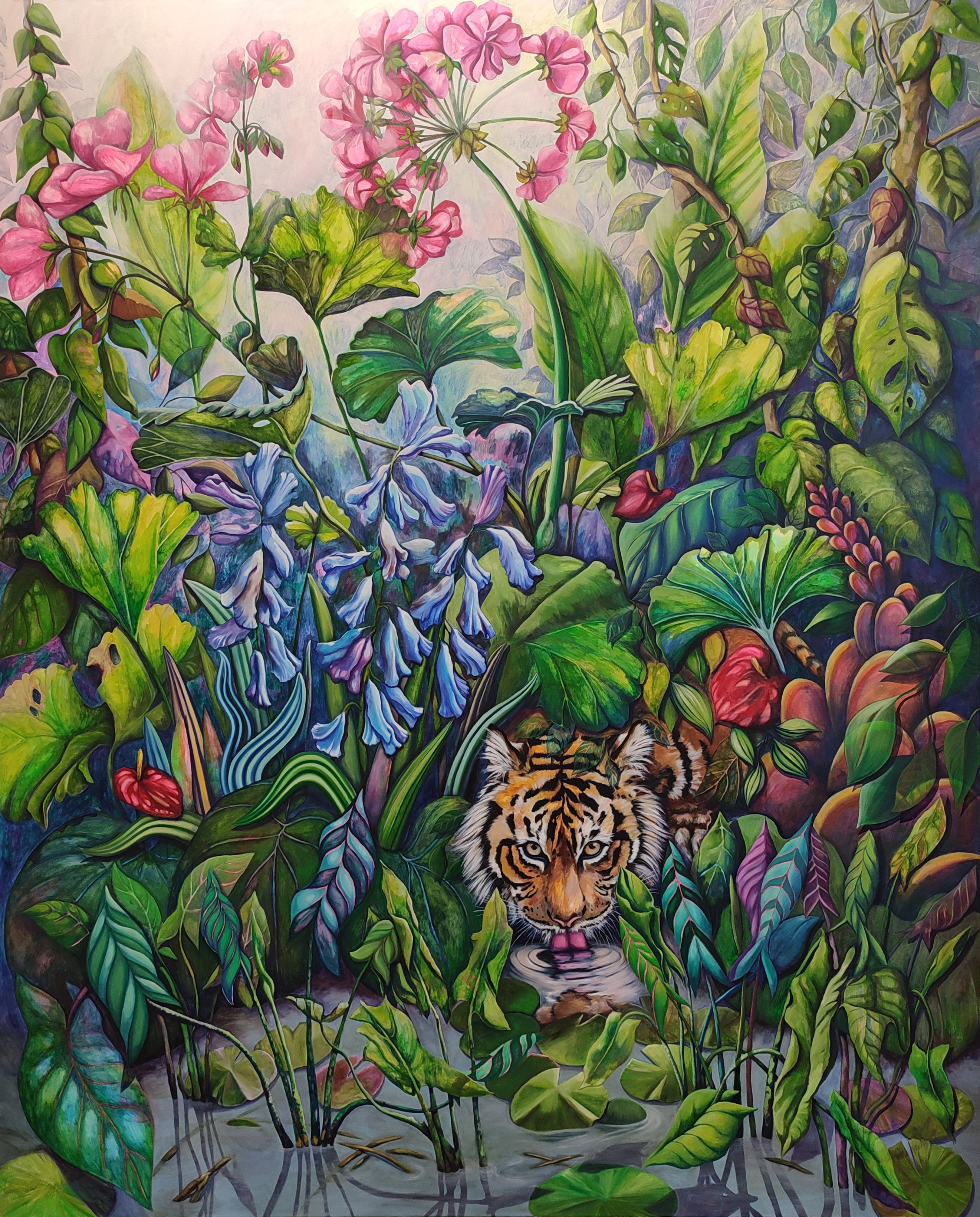 A painting of a tiger in the middle of a jungle.