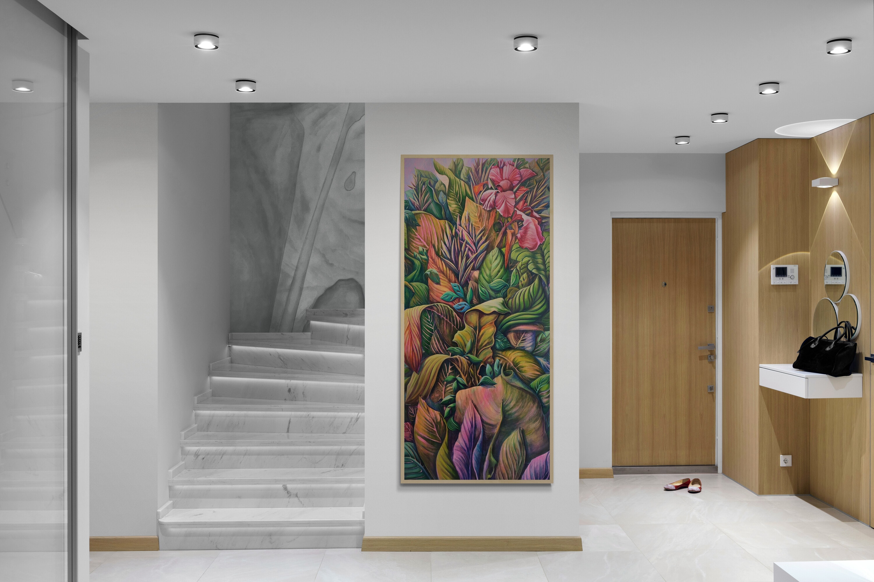 A painting of a bunch of tropical plants and flowers.