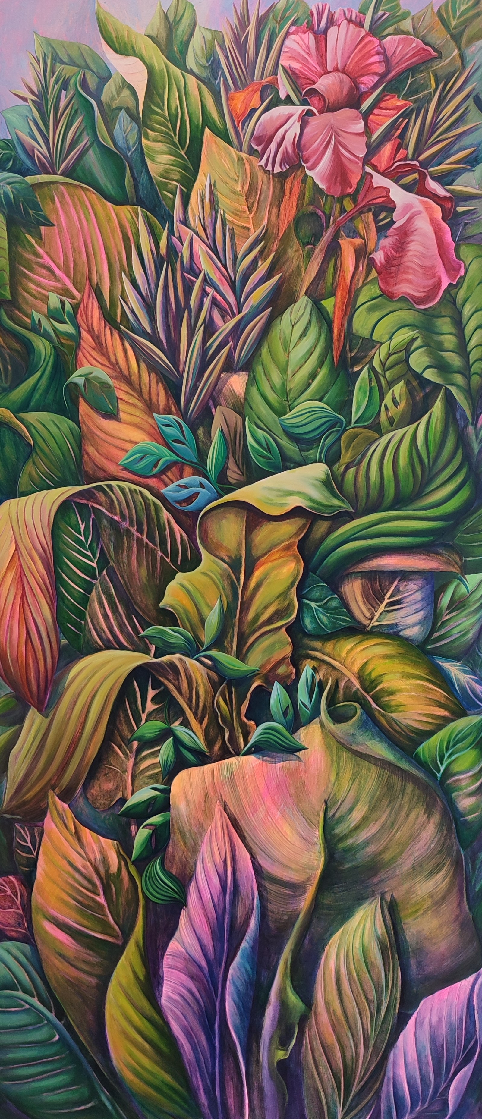 A painting of a bunch of tropical plants and flowers.