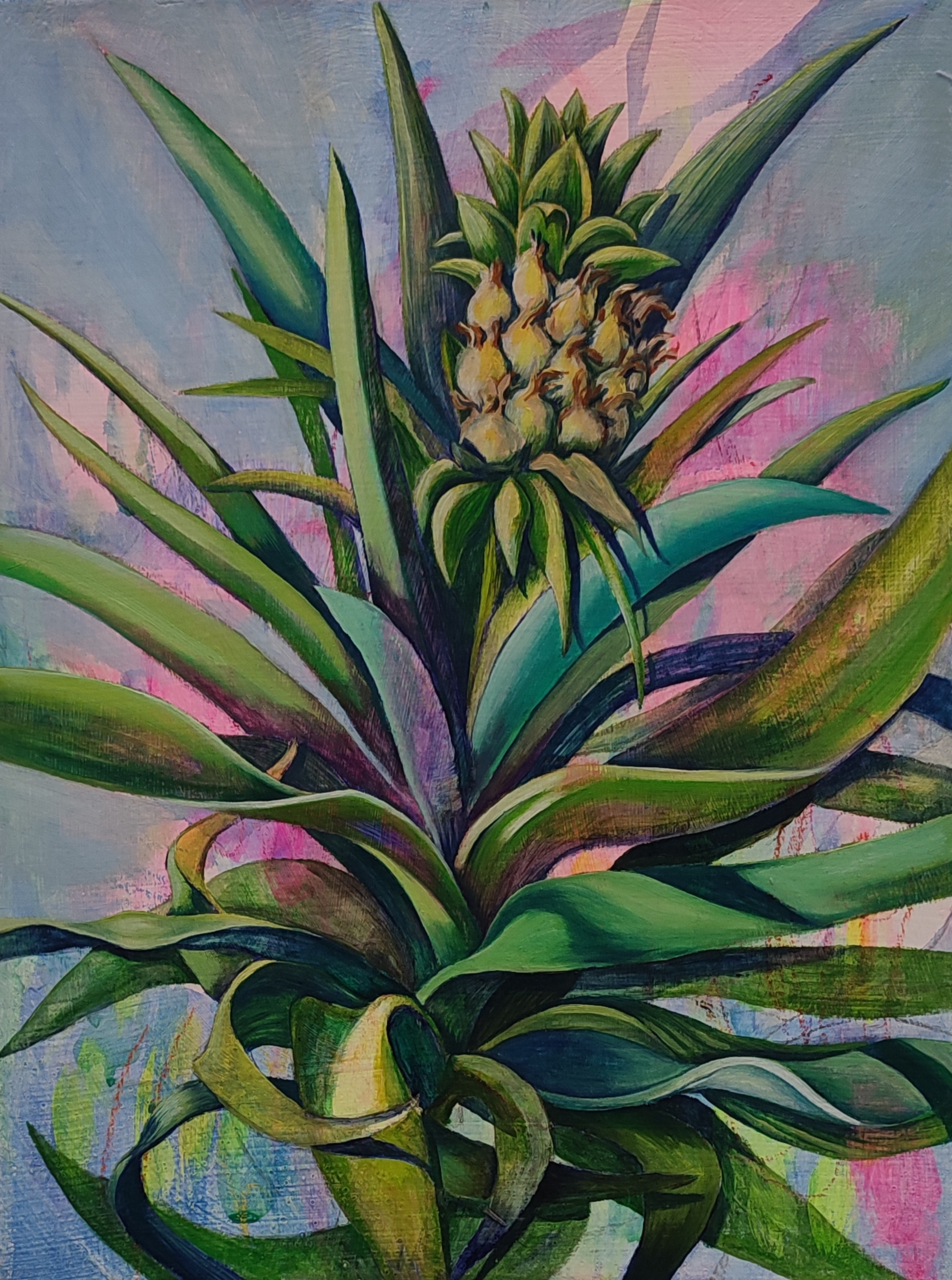 A painting of a pineapple on a blue background.