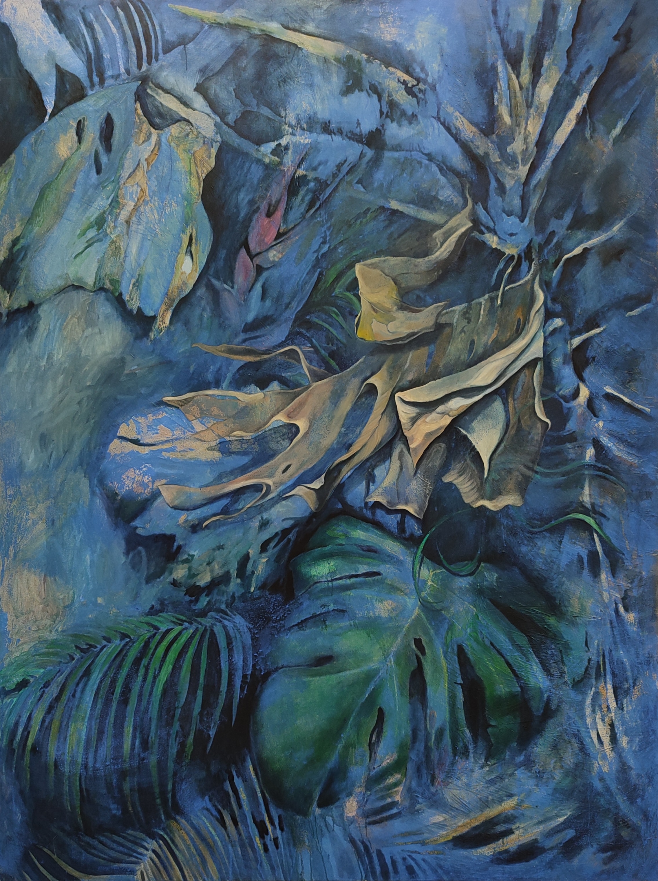 A painting of a blue and green plant with leaves on it.