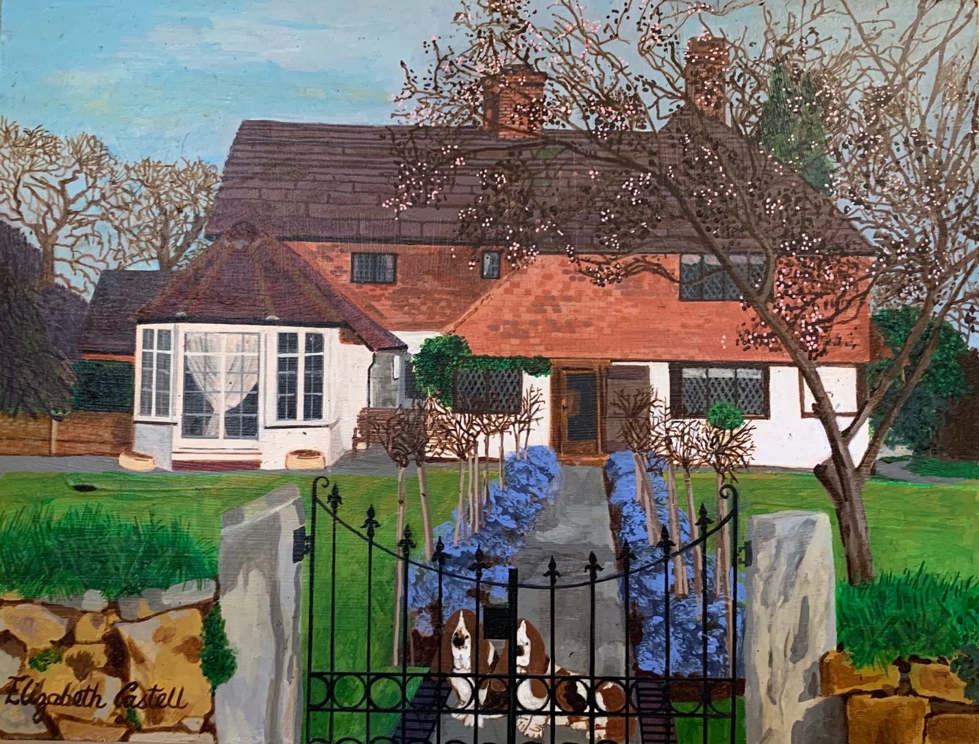 A painting of a house with a gate and a dog in front of it.