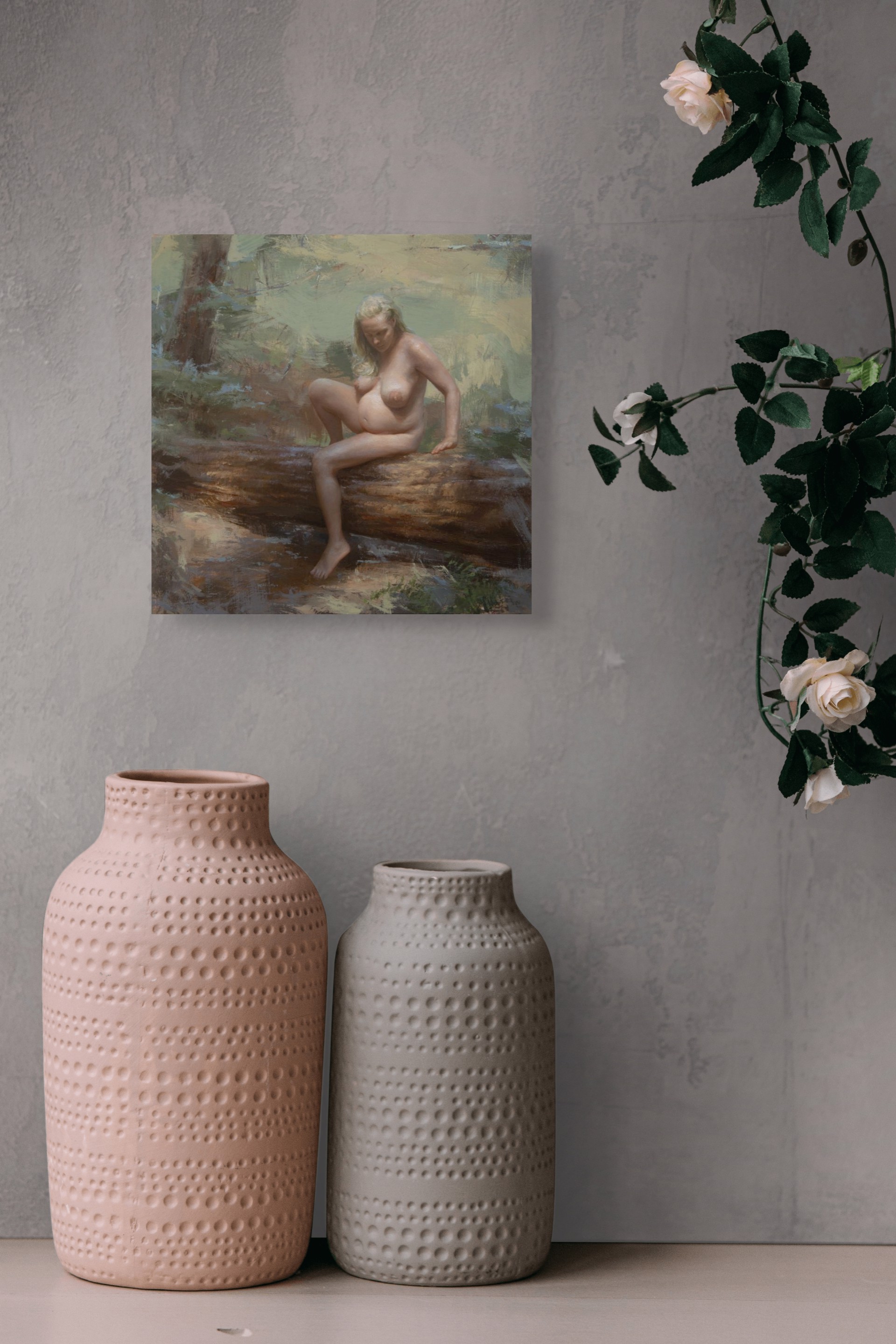 A painting of a nude woman sitting on a log in the woods.