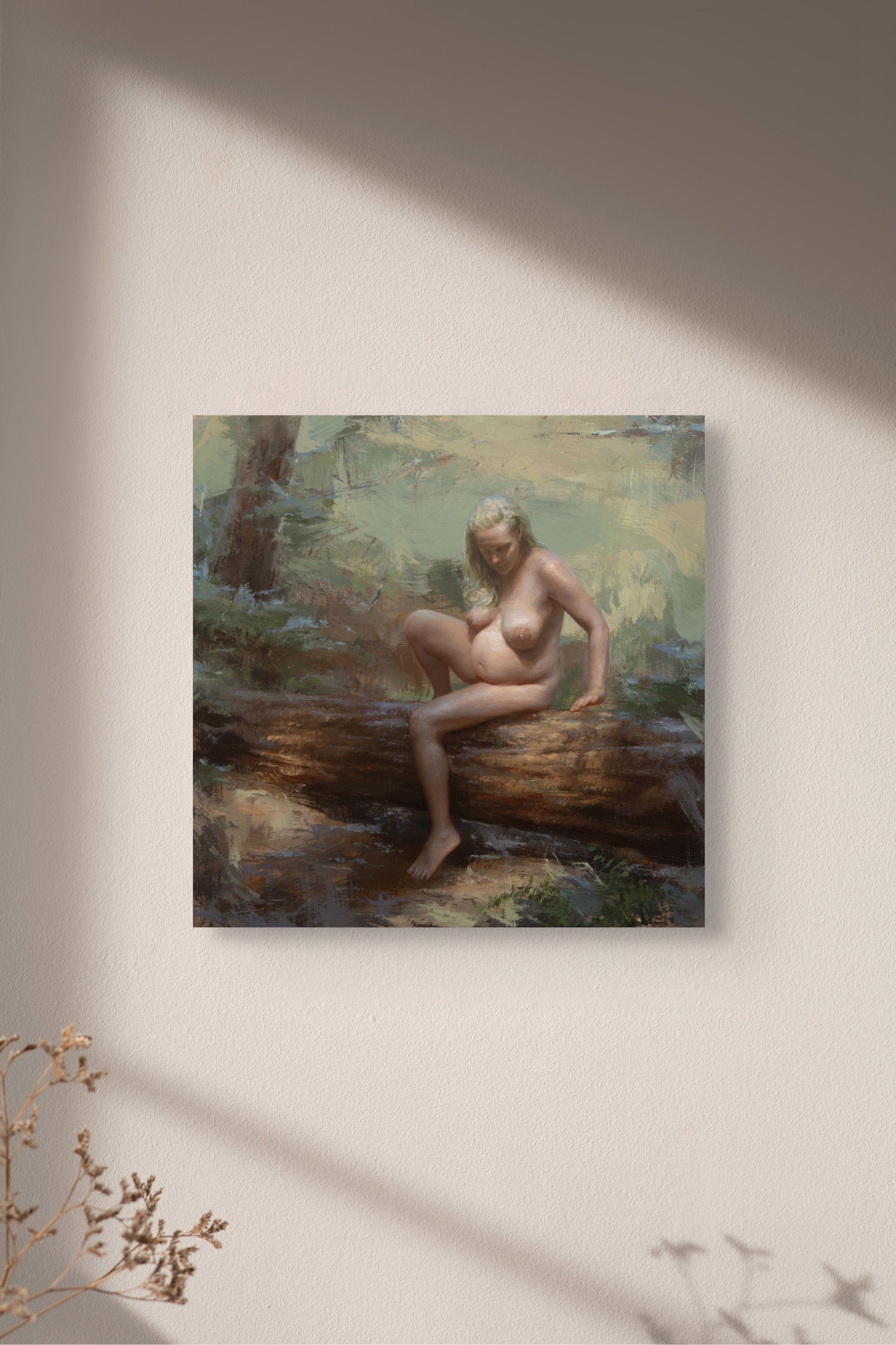 A painting of a nude woman sitting on a log in the woods.