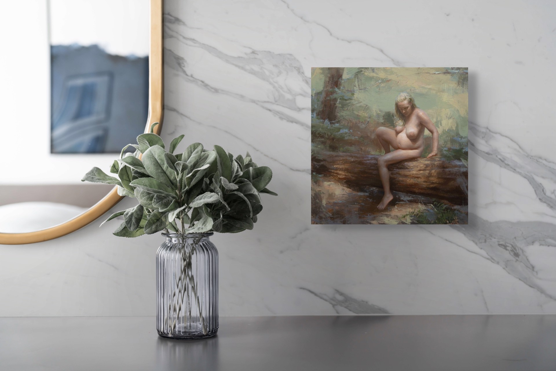 A painting of a nude woman sitting on a log in the woods.