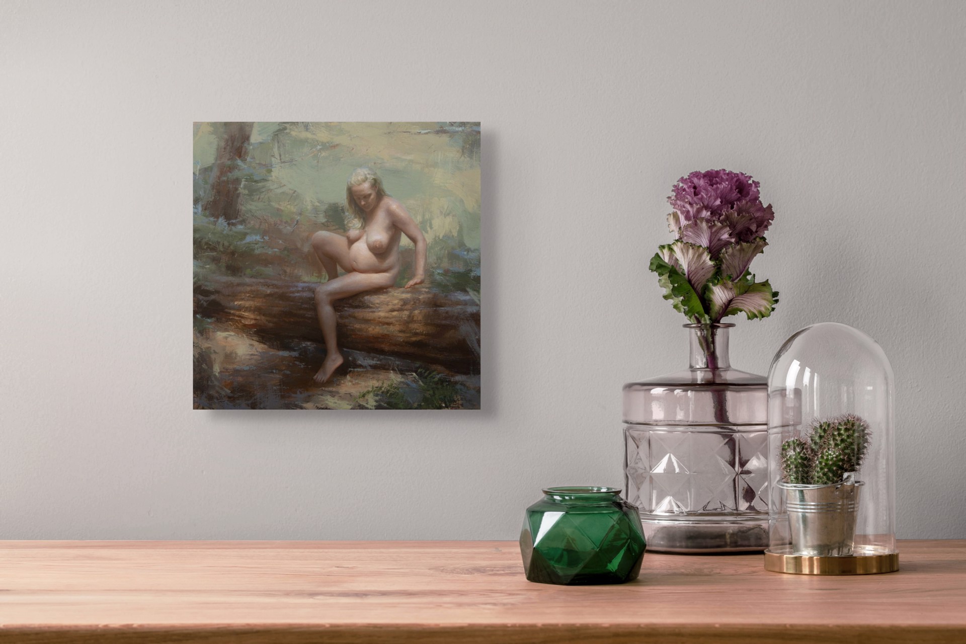 A painting of a nude woman sitting on a log in the woods.