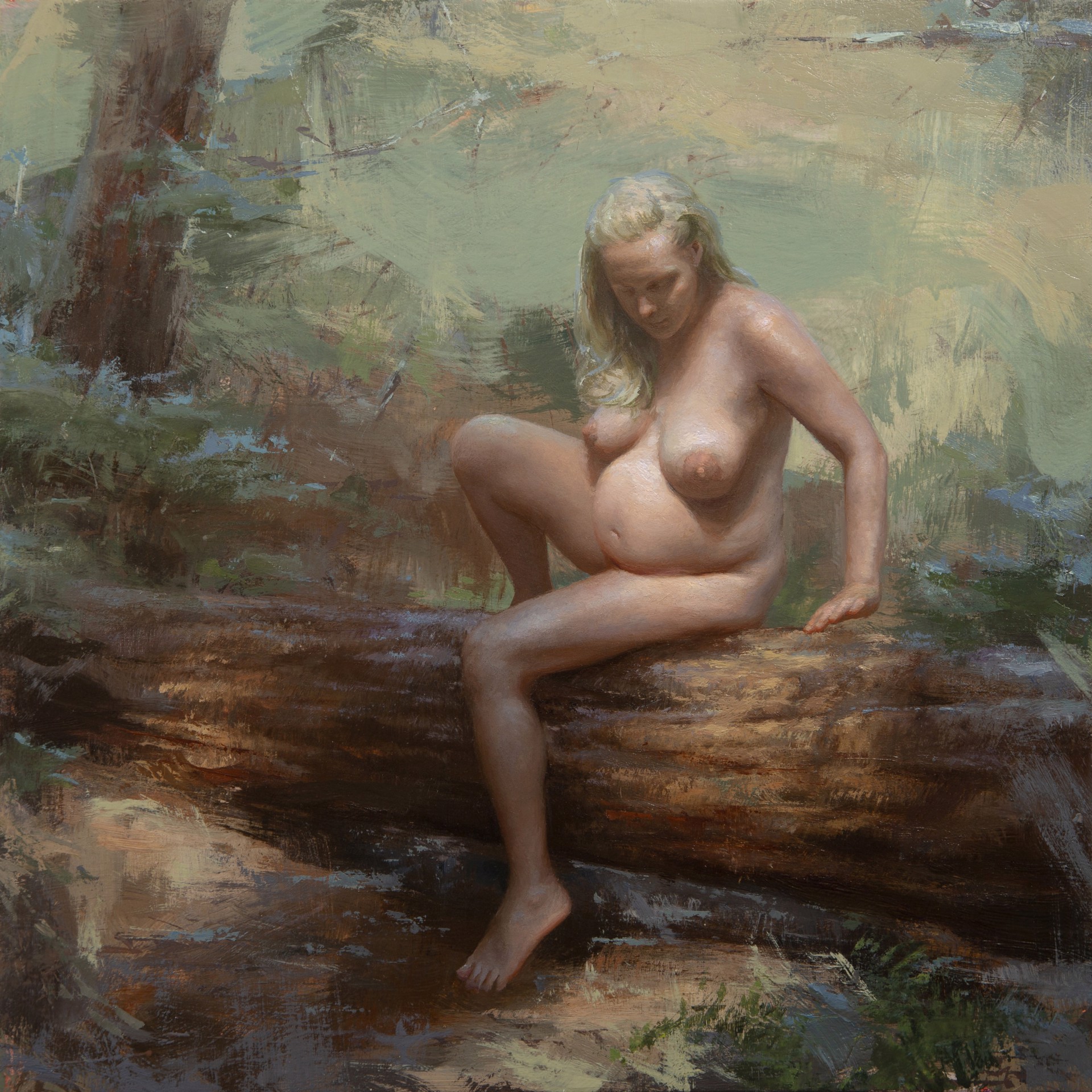 A painting of a nude woman sitting on a log in the woods.