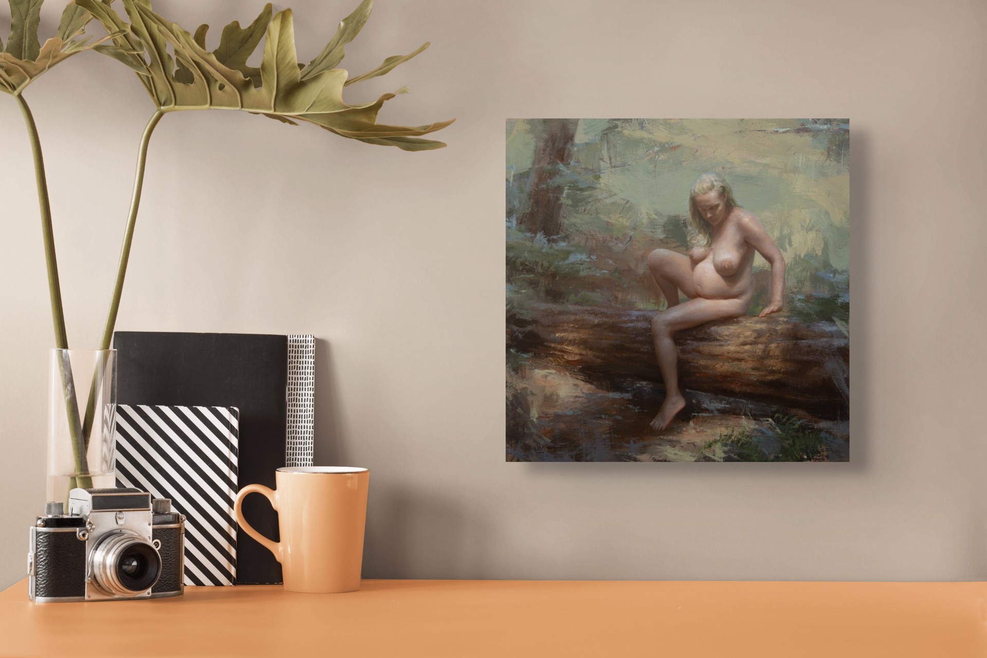 A painting of a nude woman sitting on a log in the woods.