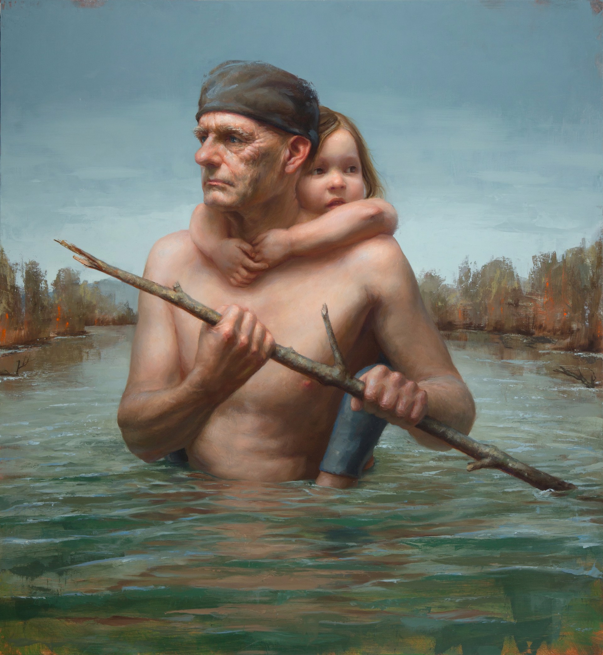 A painting of a man holding a child in the water.