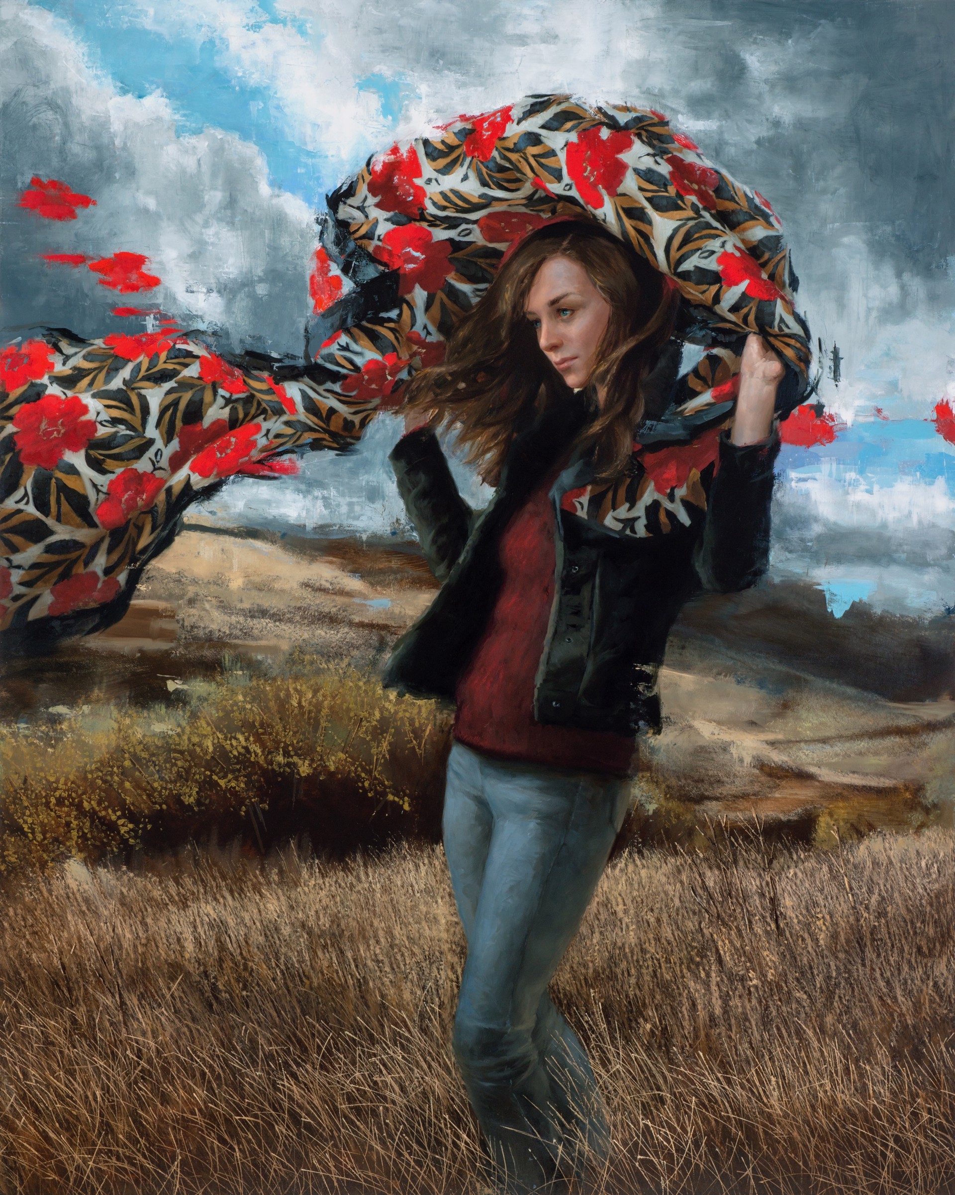 A painting of a woman walking through a field holding a scarf over her head.