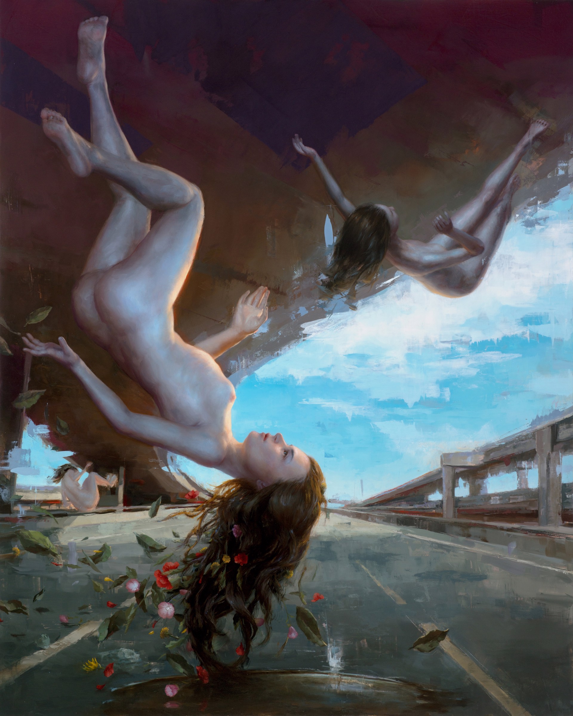 A painting of a woman floating in the air with her arms outstretched.