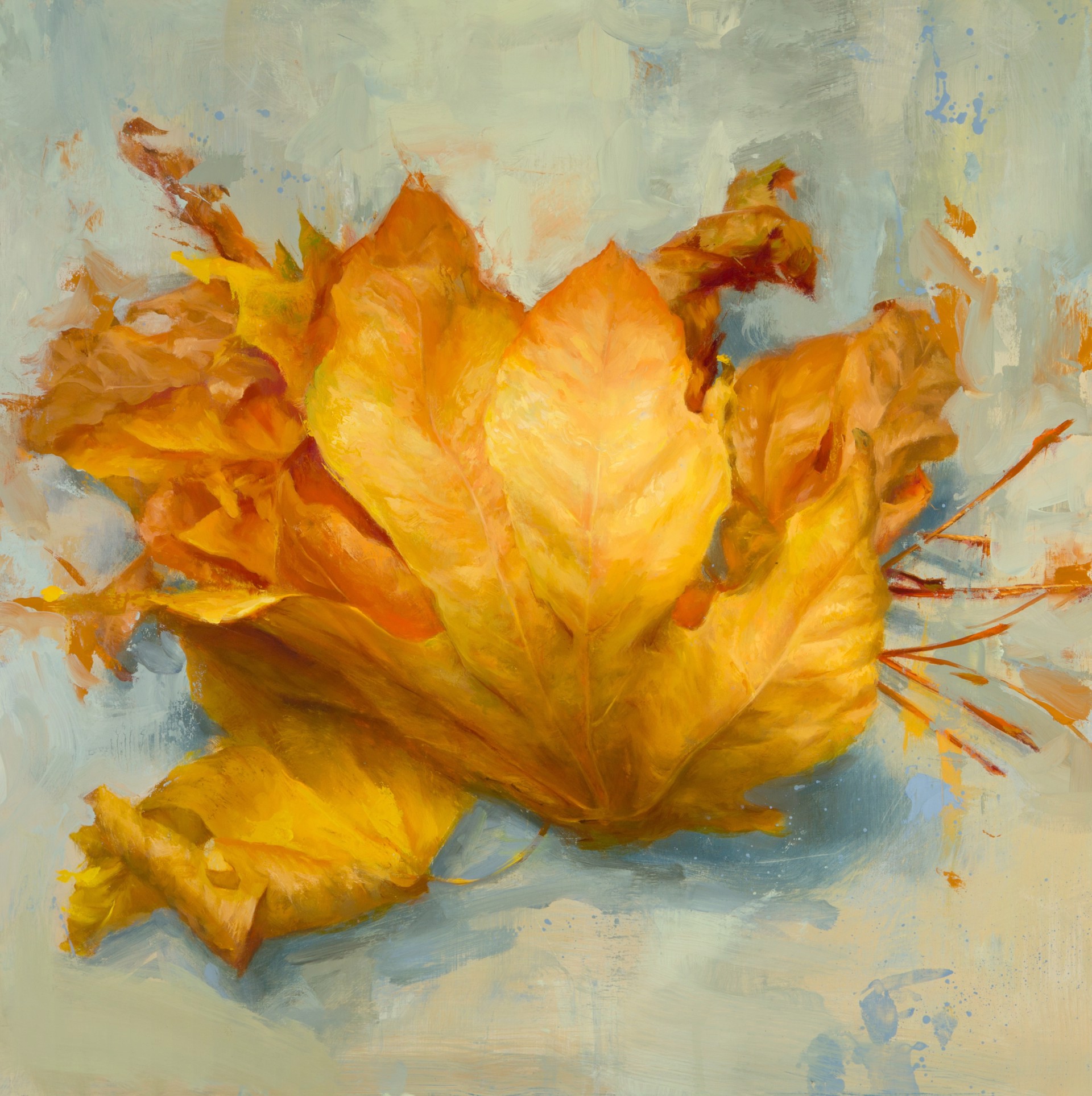 A painting of a yellow leaf on a blue background.
