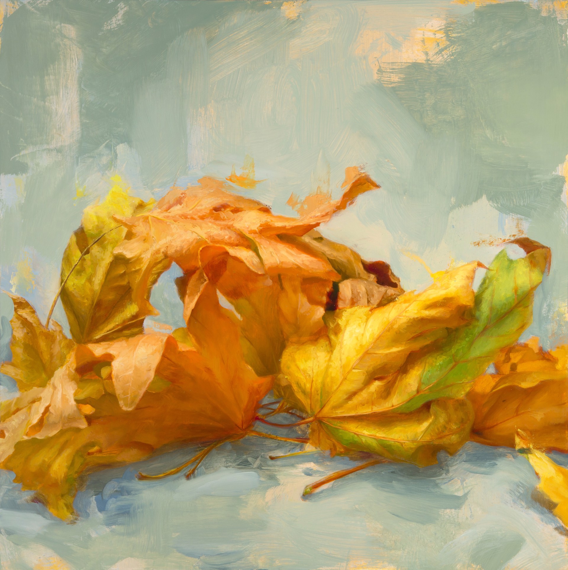 A painting of a pile of yellow leaves on a blue surface.
