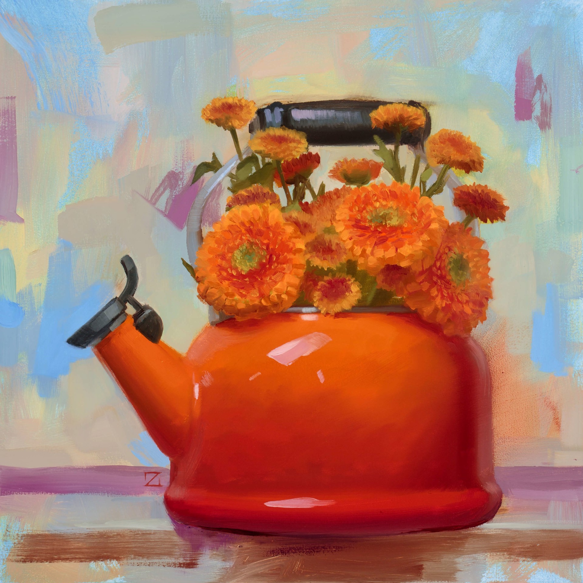 A painting of a red teapot with orange flowers in it.
