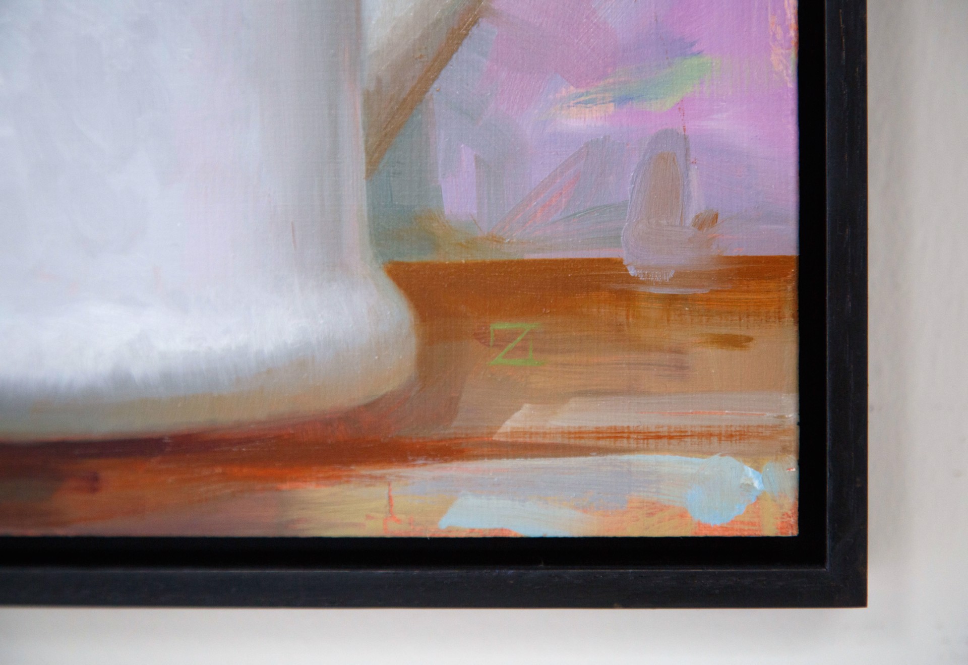 A painting of white flowers in a white watering can.