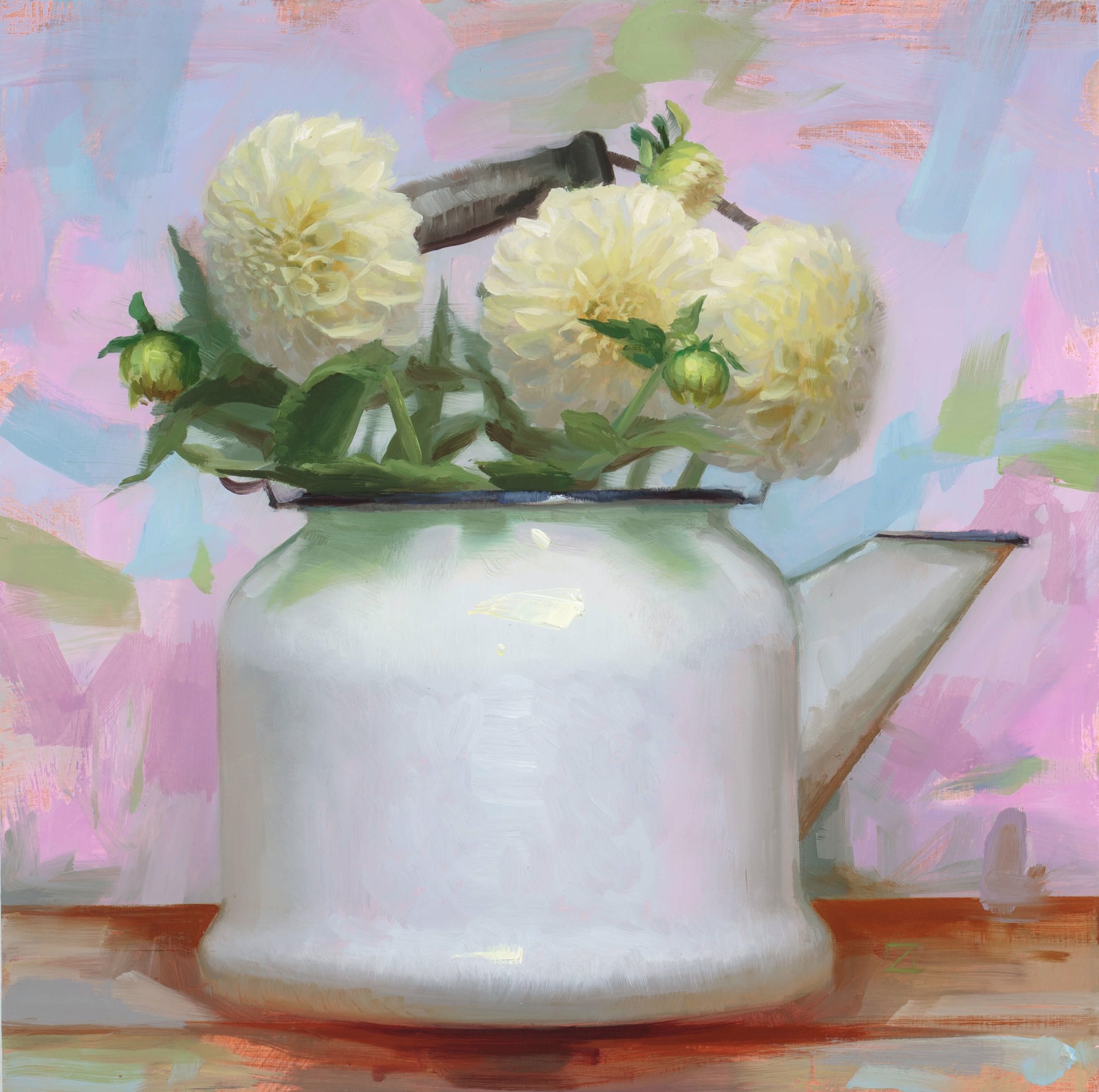 A painting of white flowers in a white watering can.