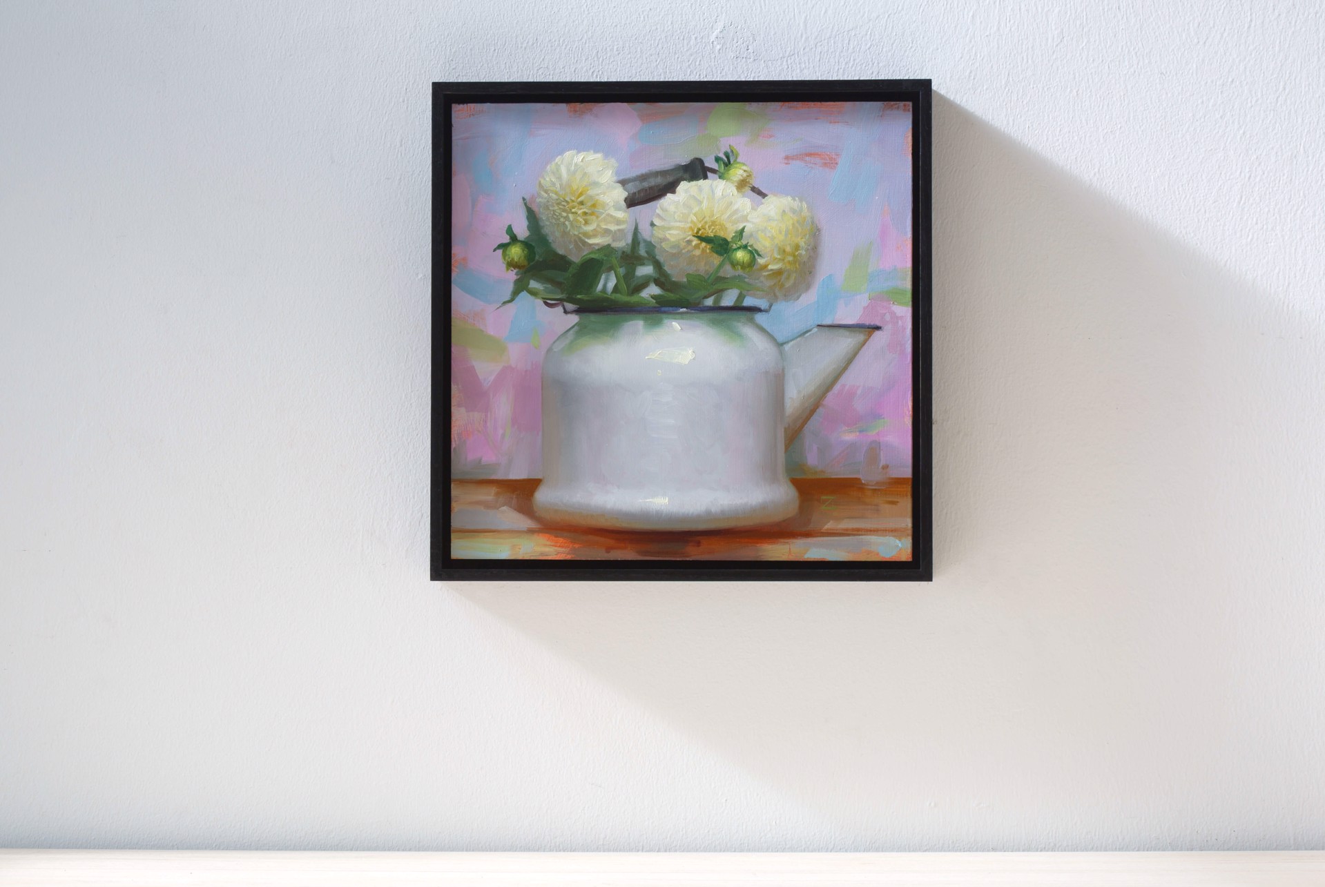 A painting of white flowers in a white watering can.