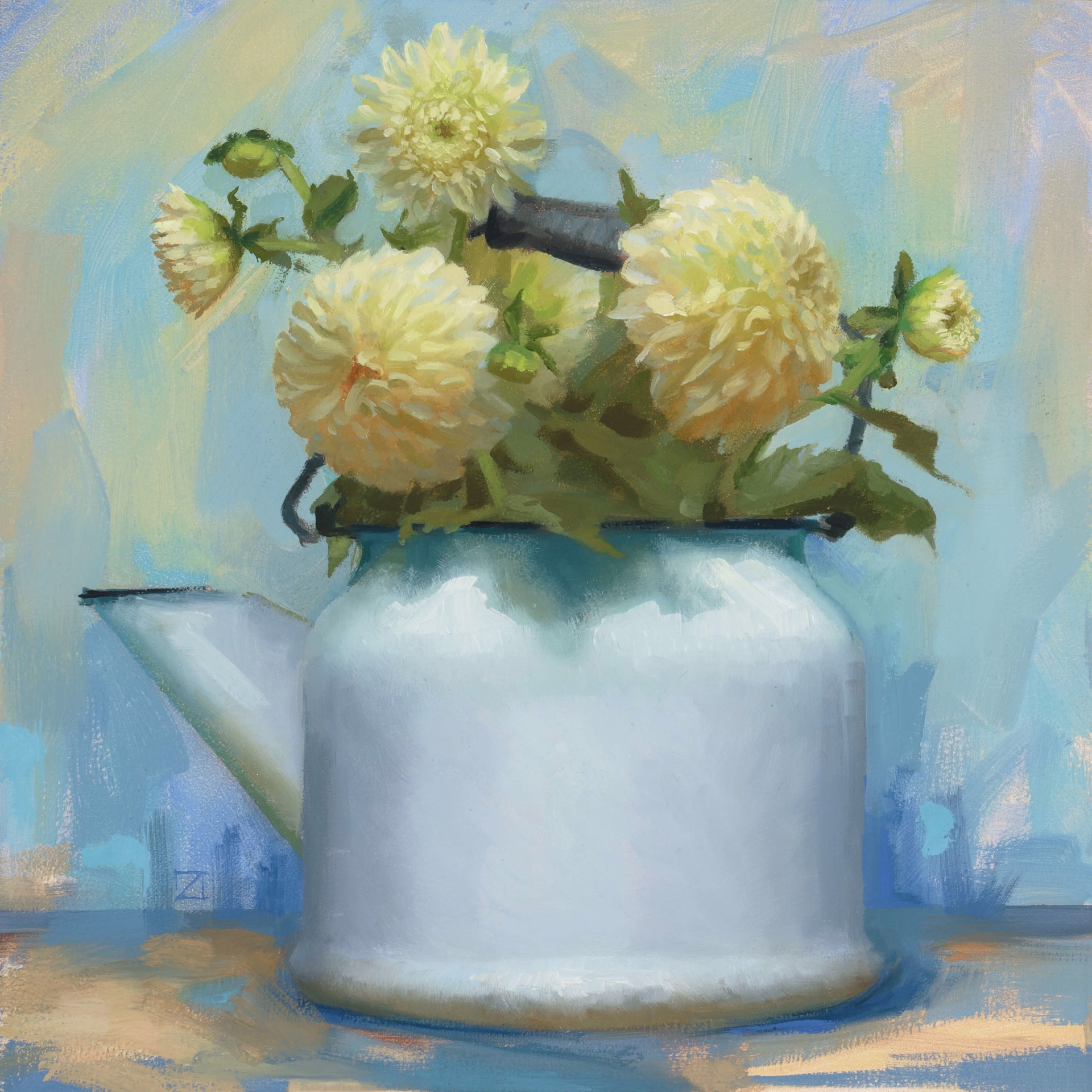 A still life painting of pale yellow flowers in a white watering can against a soft blue background.