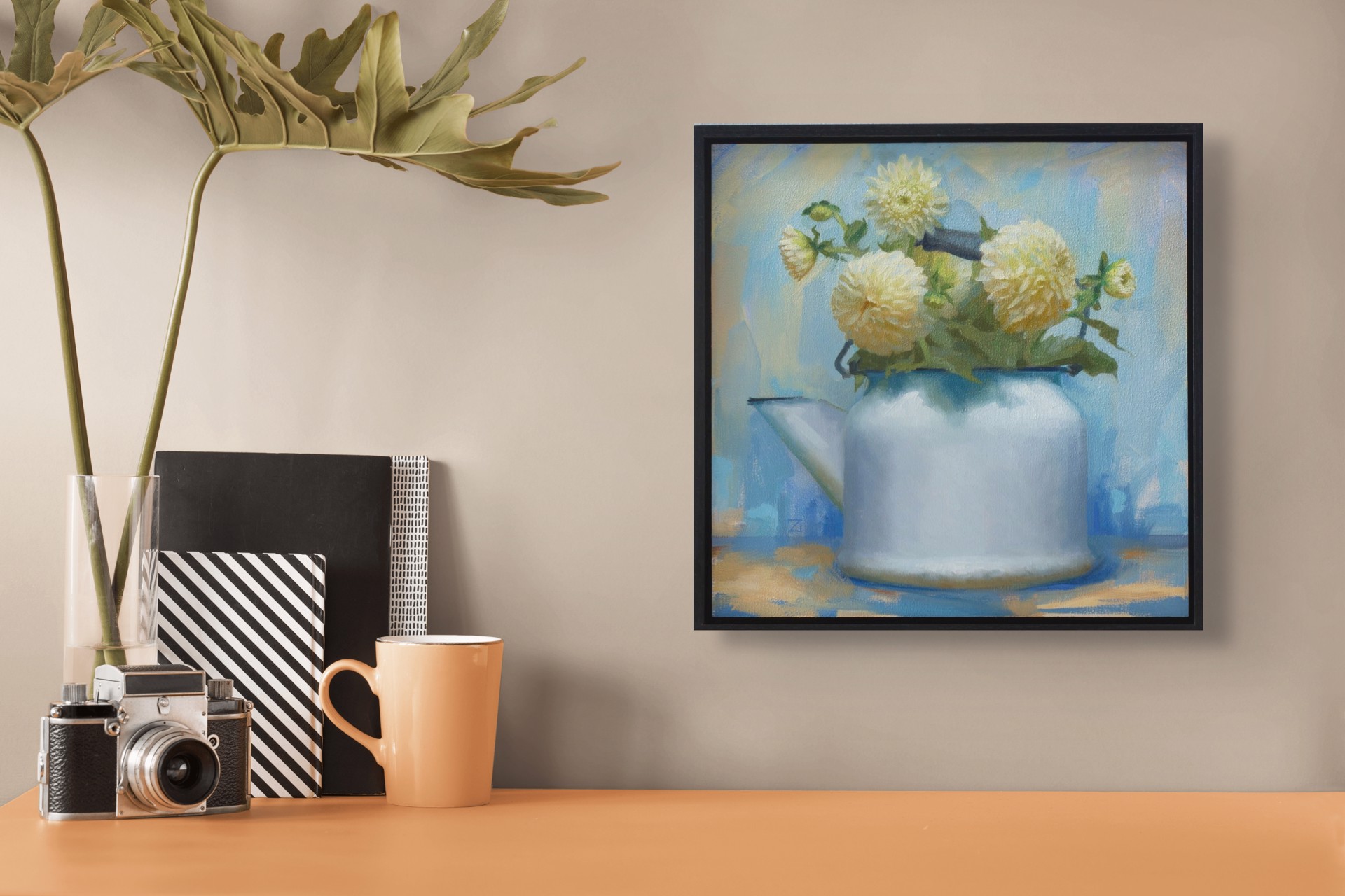A still life painting of pale yellow flowers in a white watering can against a soft blue background.