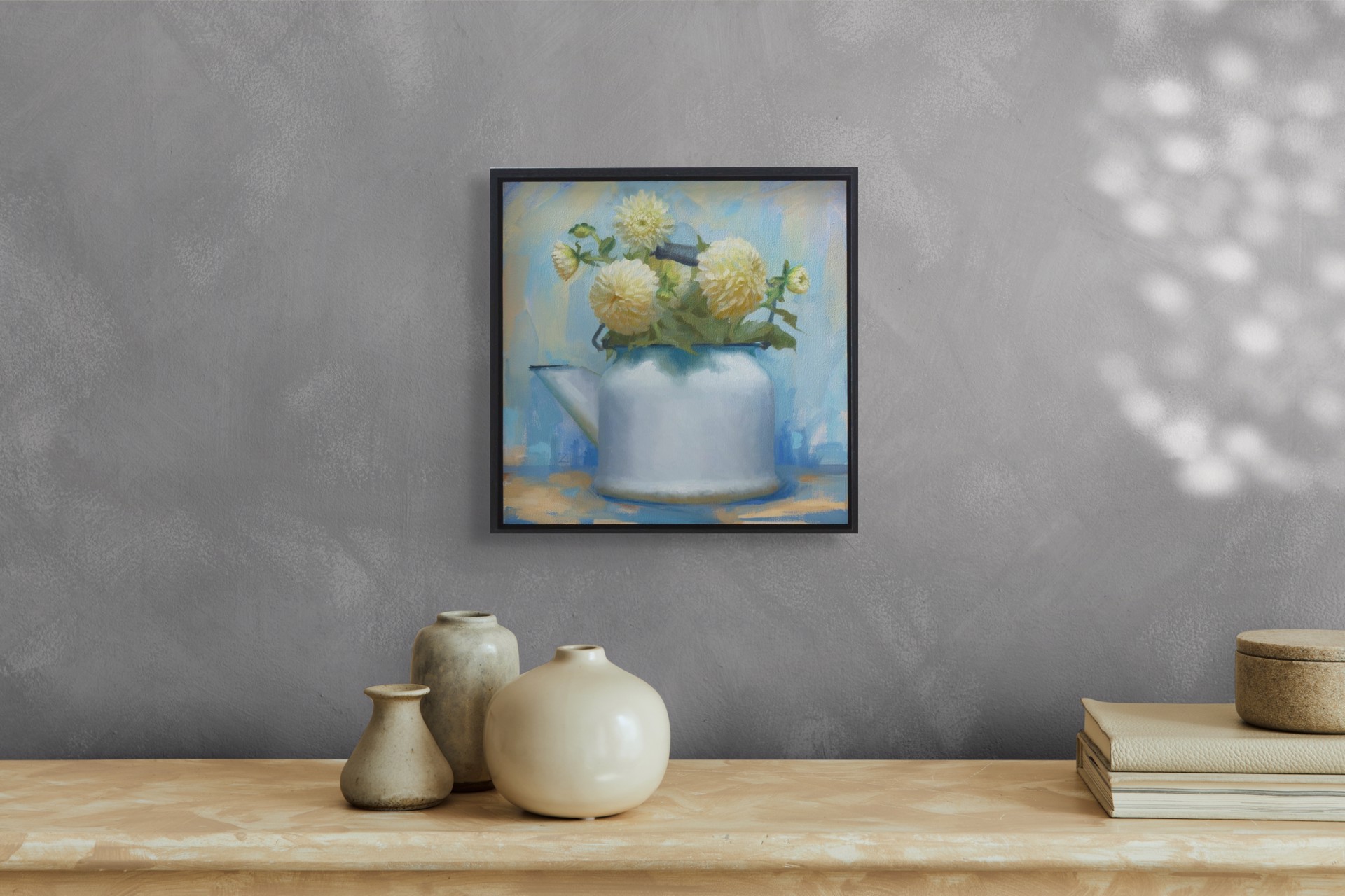A still life painting of pale yellow flowers in a white watering can against a soft blue background.