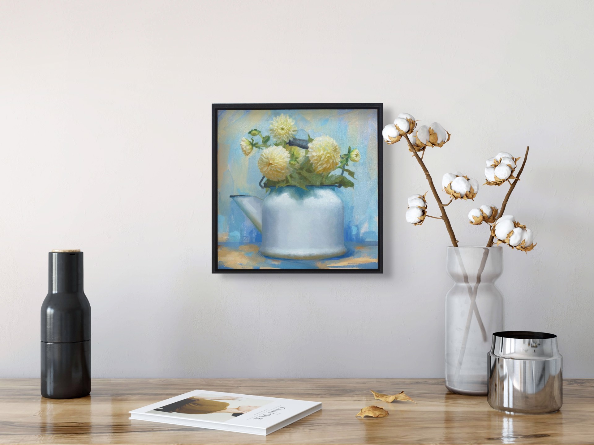 A still life painting of pale yellow flowers in a white watering can against a soft blue background.