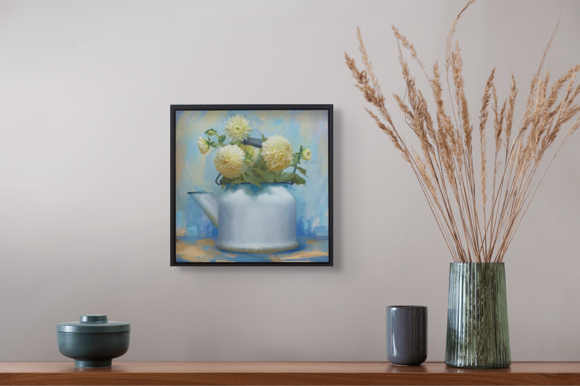 A still life painting of pale yellow flowers in a white watering can against a soft blue background.