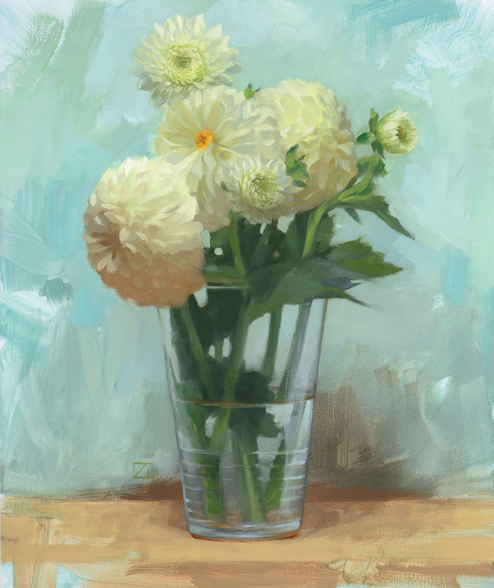 A still life painting of pale yellow flowers in a glass vase on a wooden surface.