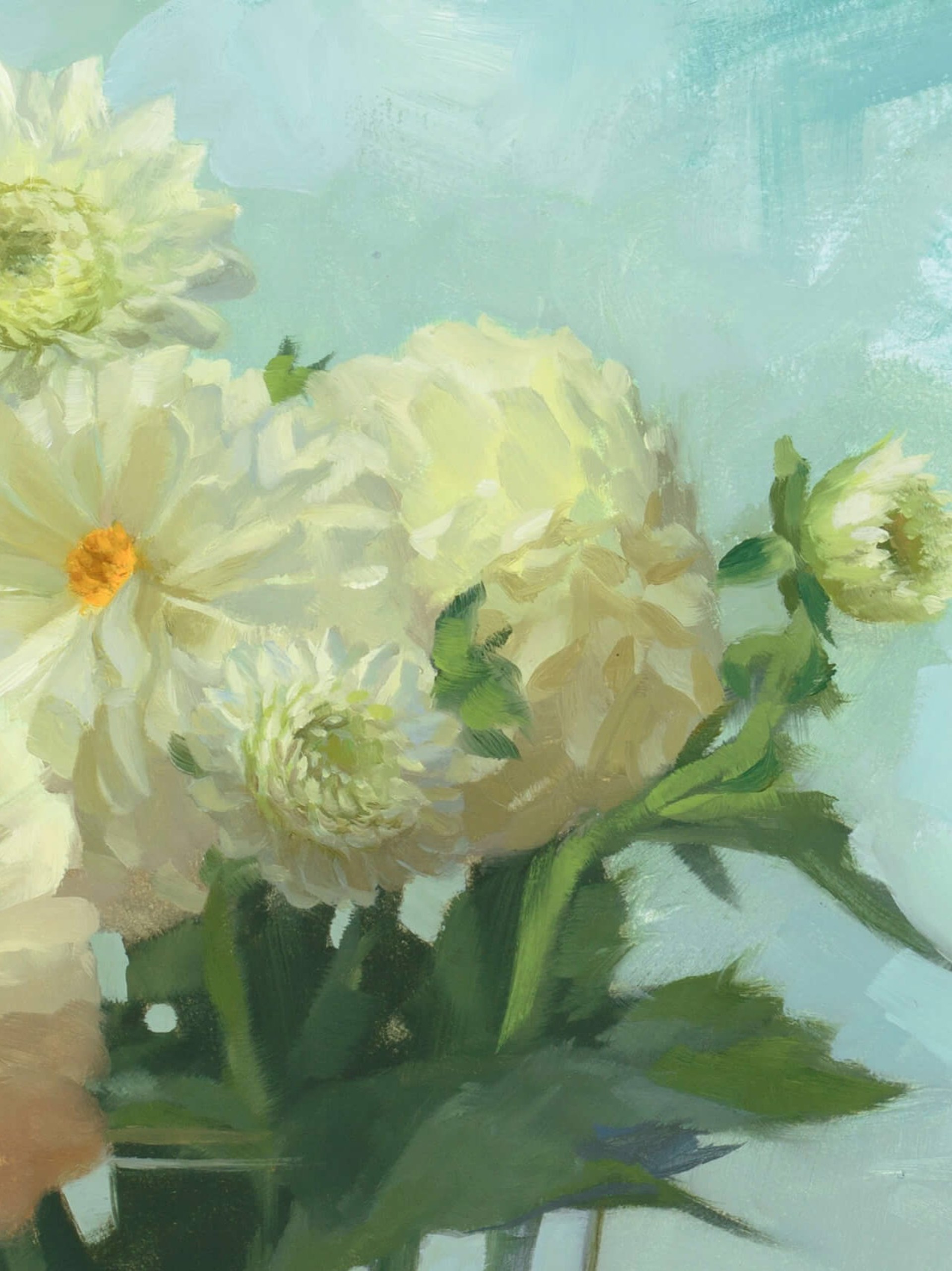 A still life painting of pale yellow flowers in a glass vase on a wooden surface.