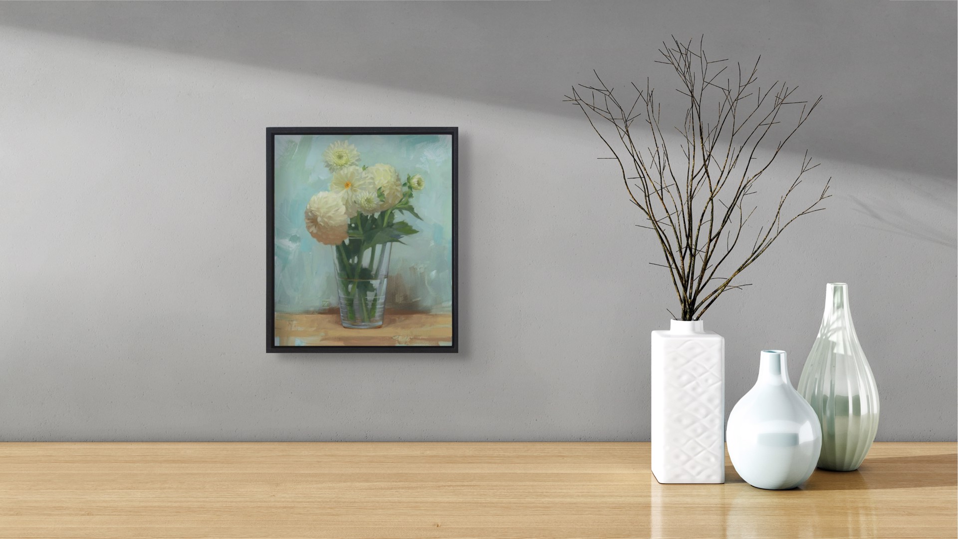 A still life painting of pale yellow flowers in a glass vase on a wooden surface.