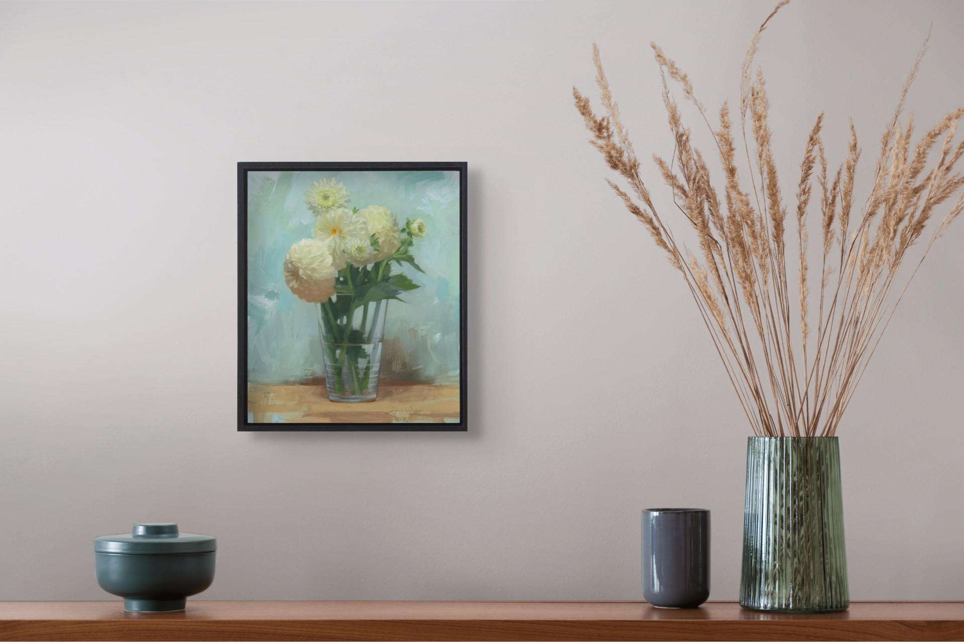 A still life painting of pale yellow flowers in a glass vase on a wooden surface.