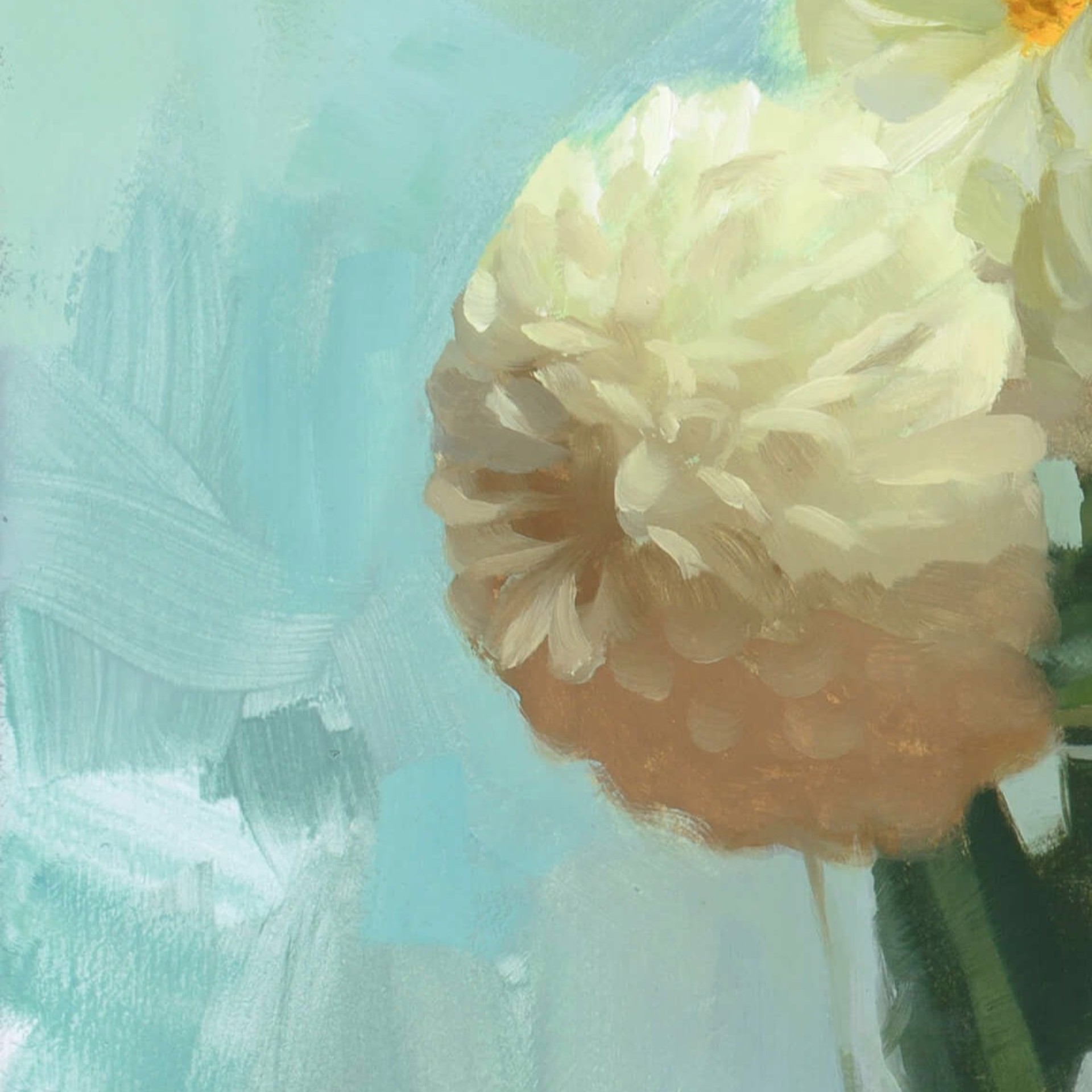 A still life painting of pale yellow flowers in a glass vase on a wooden surface.