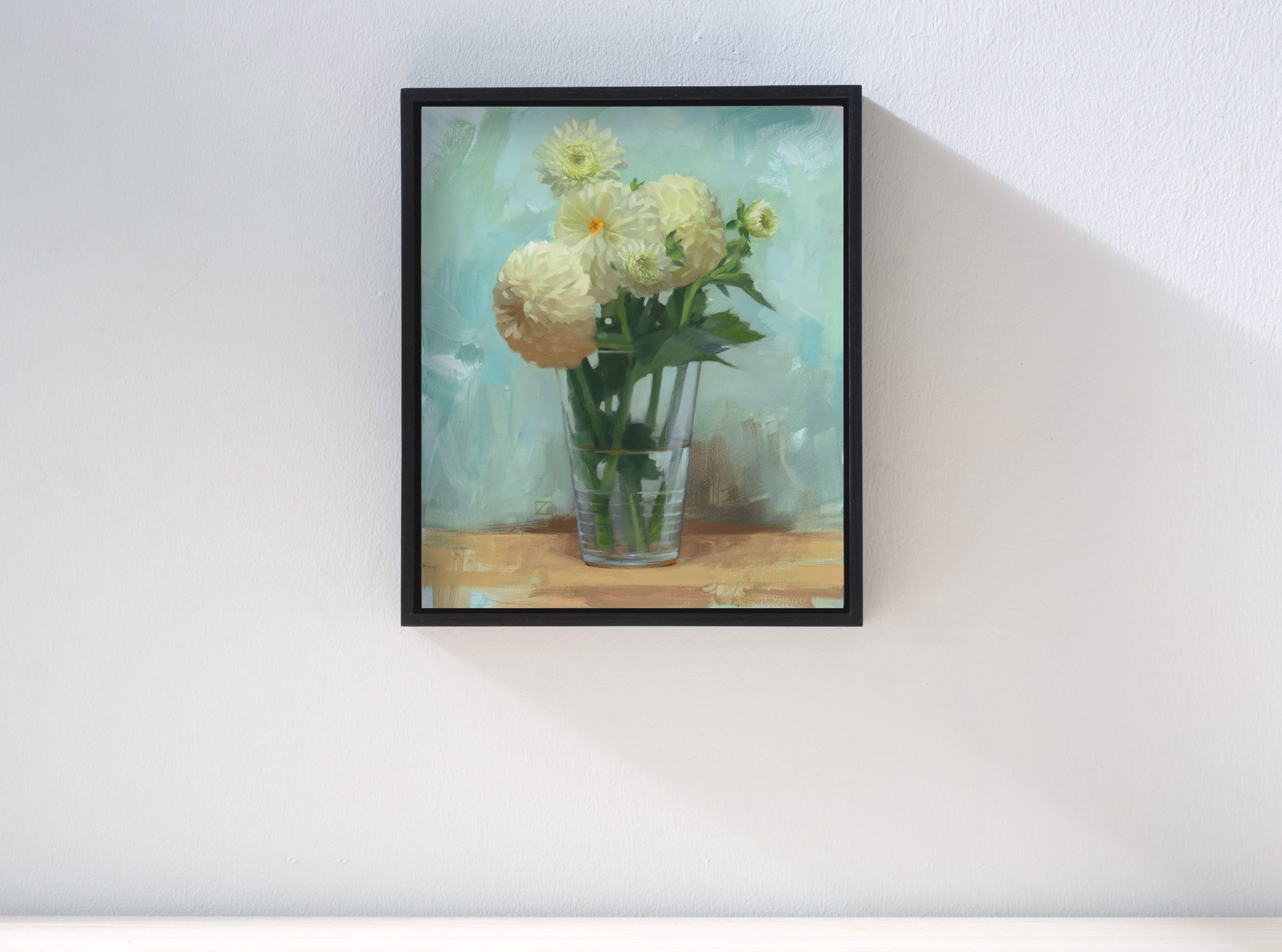 A still life painting of pale yellow flowers in a glass vase on a wooden surface.