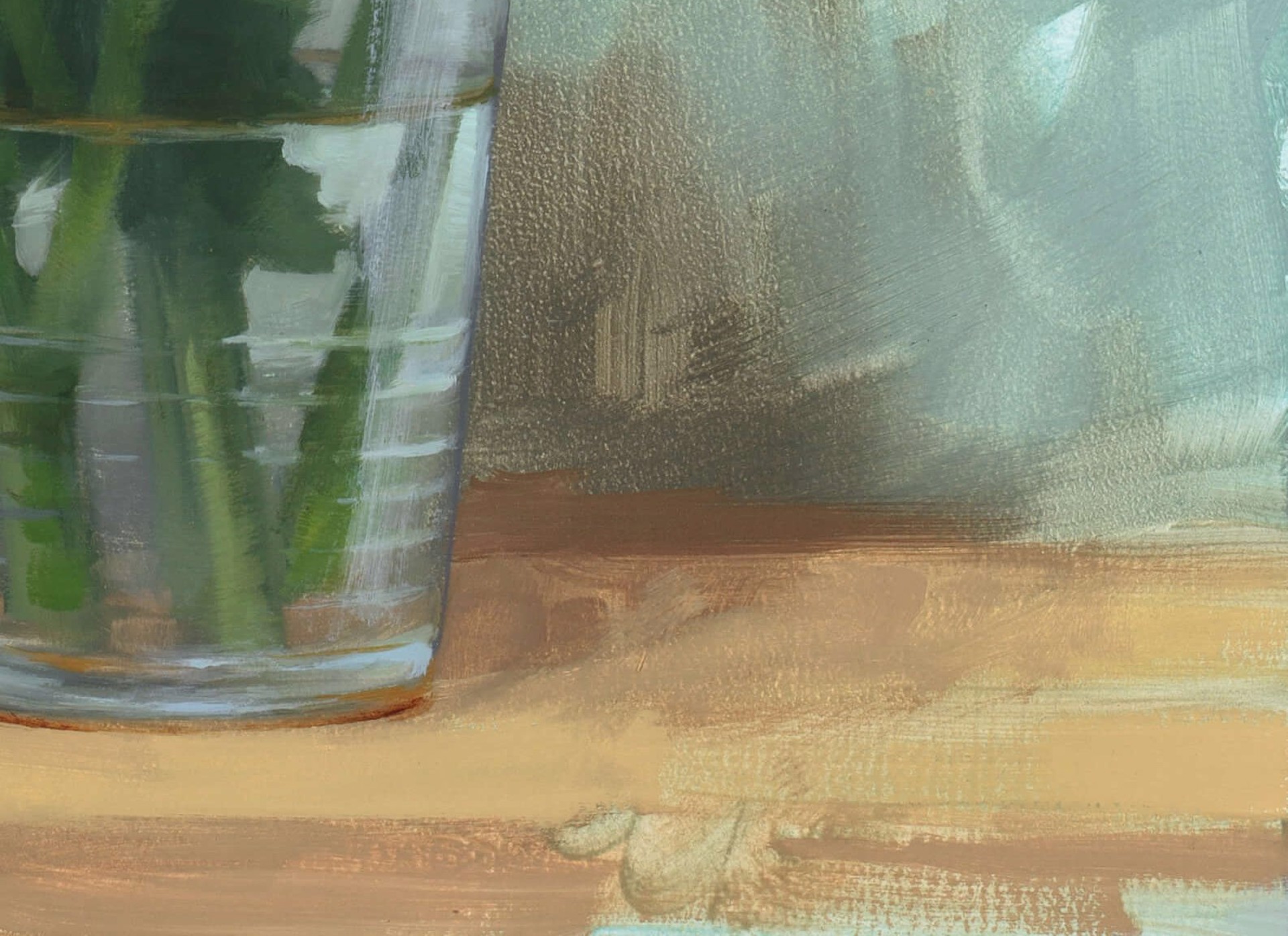 A still life painting of pale yellow flowers in a glass vase on a wooden surface.