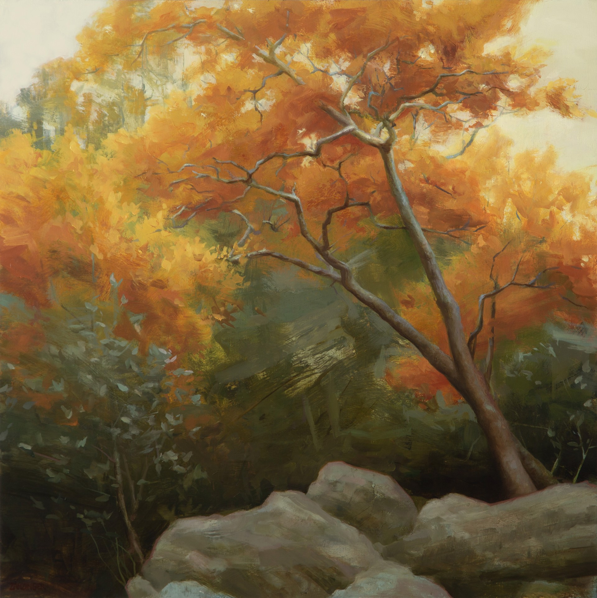 A painting of a tree in the middle of a forest.