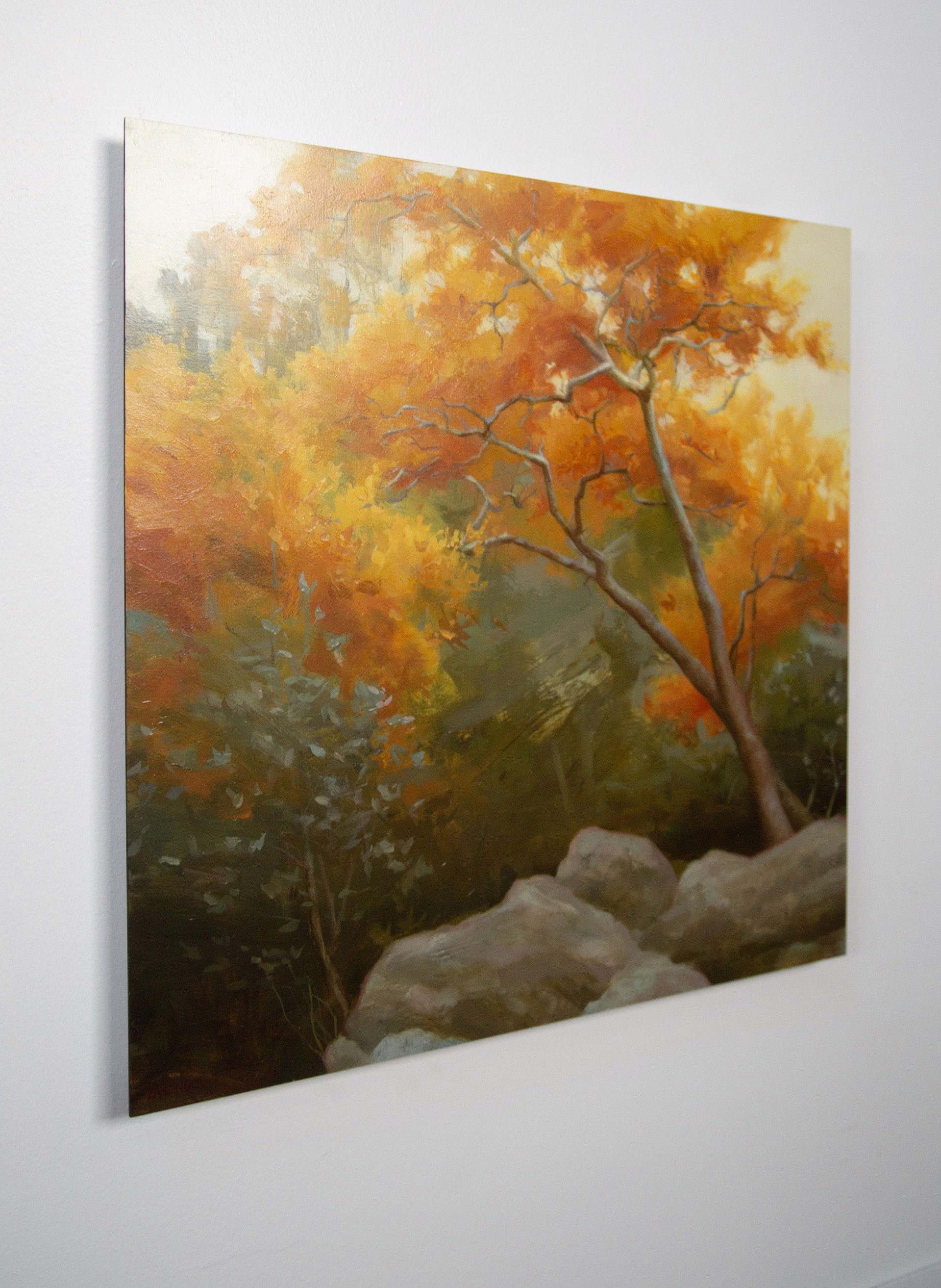 A painting of a tree in the middle of a forest.