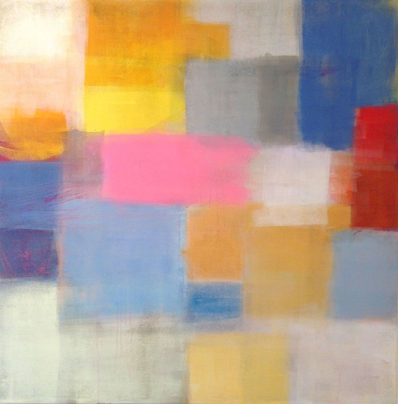 A vibrant abstract composition featuring a grid of soft, overlapping color blocks.