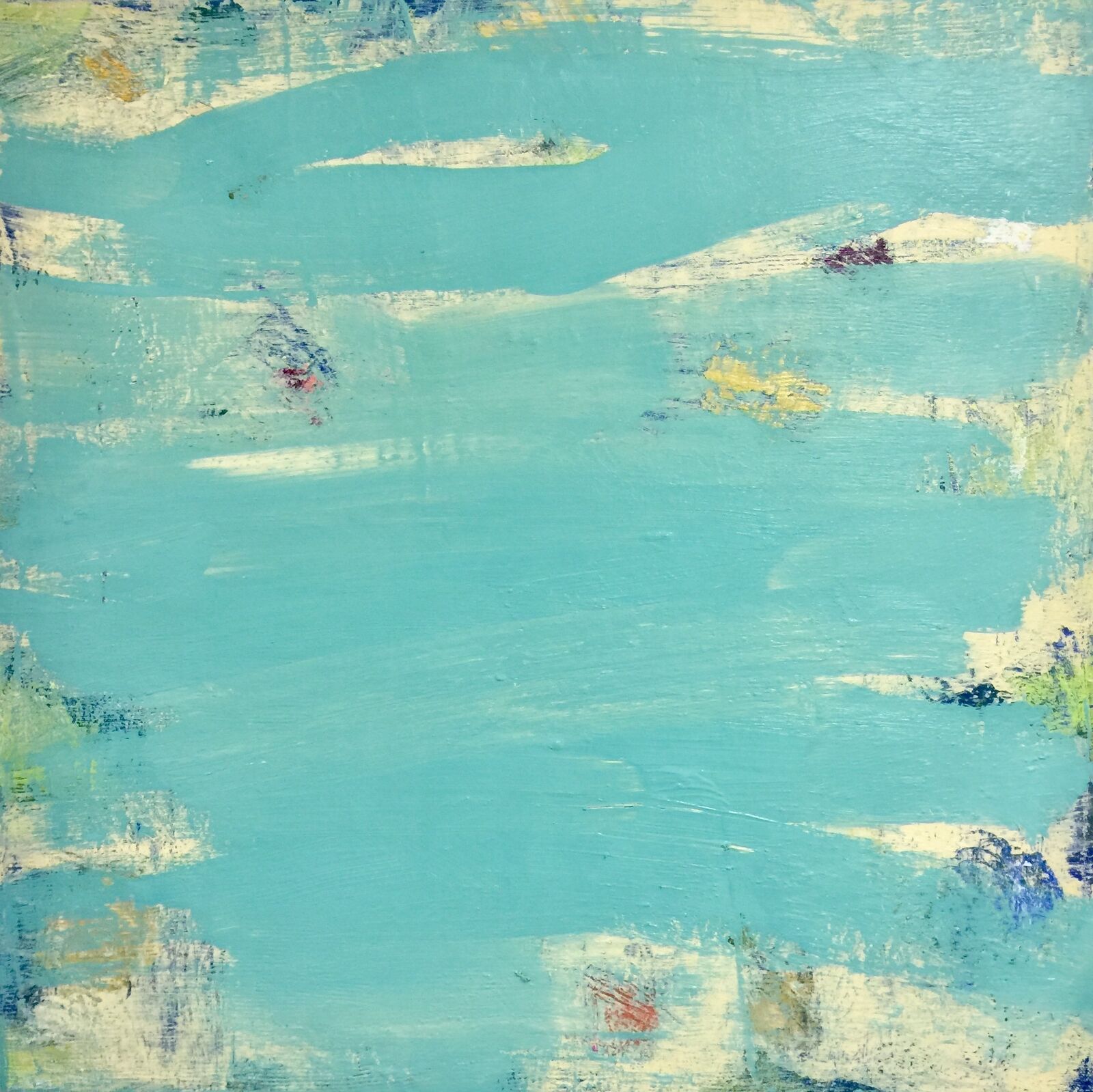 An abstract landscape painting featuring a dominant turquoise expanse with textured white and colorful accents.